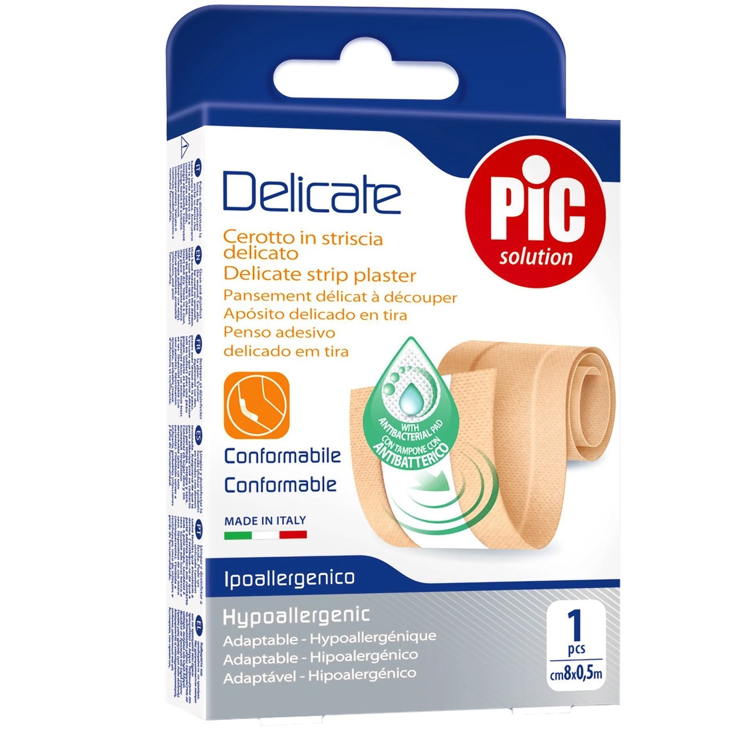 Pic Pic Solution Delicate Strip Plaster 8cm x 0.5m Απαλό Υποαλλεργικό Αυτοκόλλητο Επίθεμα 1 Τεμάχιο