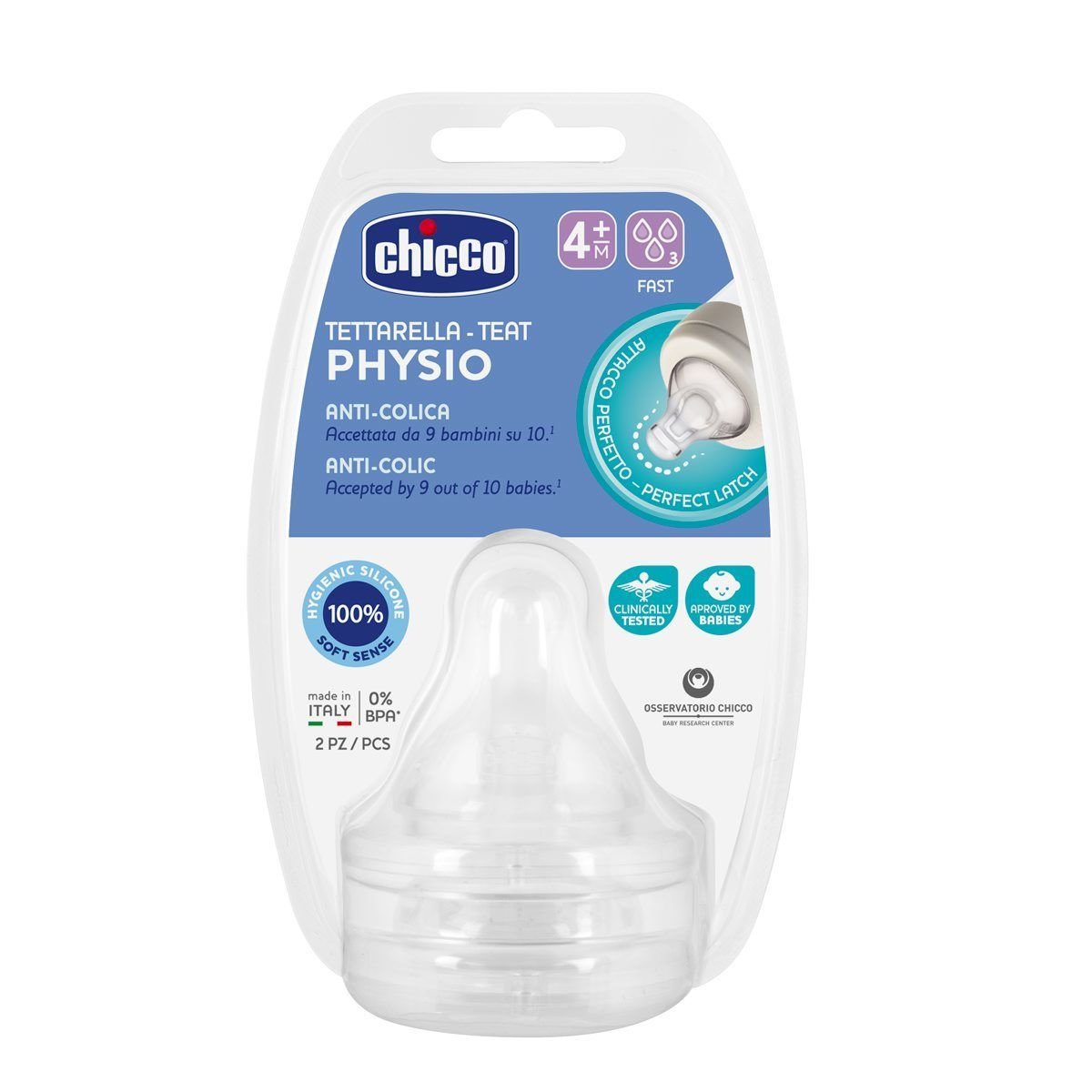 Chicco Chicco Physio Teat Anti-Colic Θηλή Σιλικόνης Γρήγορης Ροής 4m+, 2 τεμάχια