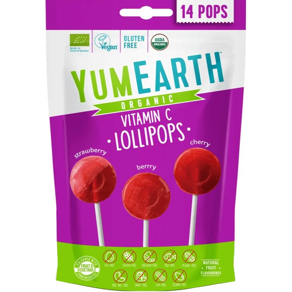 YumEarth YumEarth Organic Vitamin C Strawberry, Berry & Cherry Lollipops Βιολογικά Γλειφιτζούρια με Γεύση Φράουλα, Μούρο & Κεράσι με Φυσική Βιταμίνη C 14 Τεμάχια