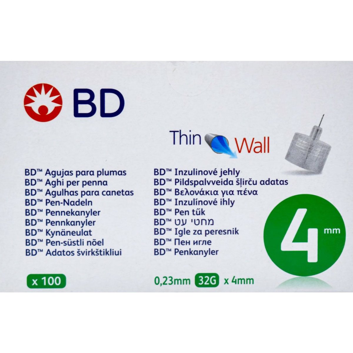 BD BD Thin Wall Pen Needles 0,23mm 32g x 4mm Βελονάκια για Πένα Ινσουλίνης 100 Τεμάχια