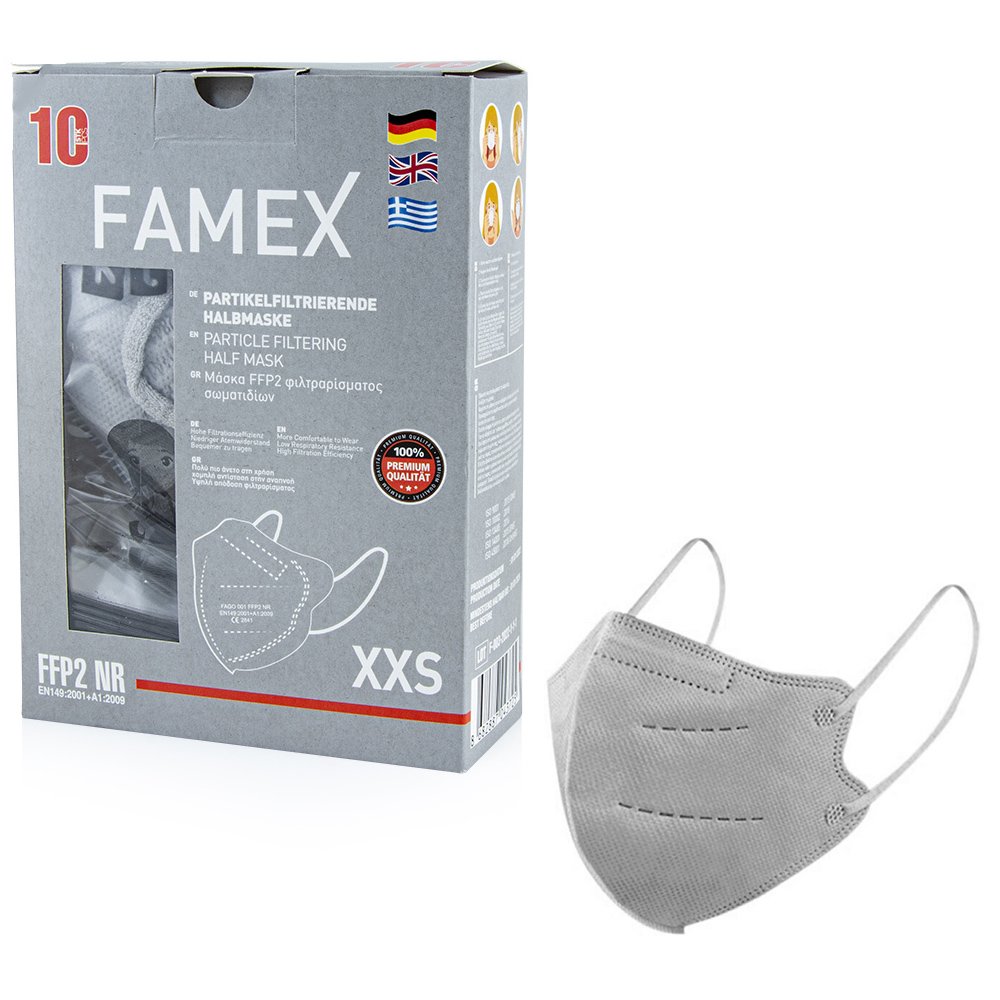 Famex Kids Mask FFP2 NR XXS Μάσκες Προστασίας μιας Χρήσης για Παιδιά 2 έως 5 Ετών 10 Τεμάχια - Γκρι 50789