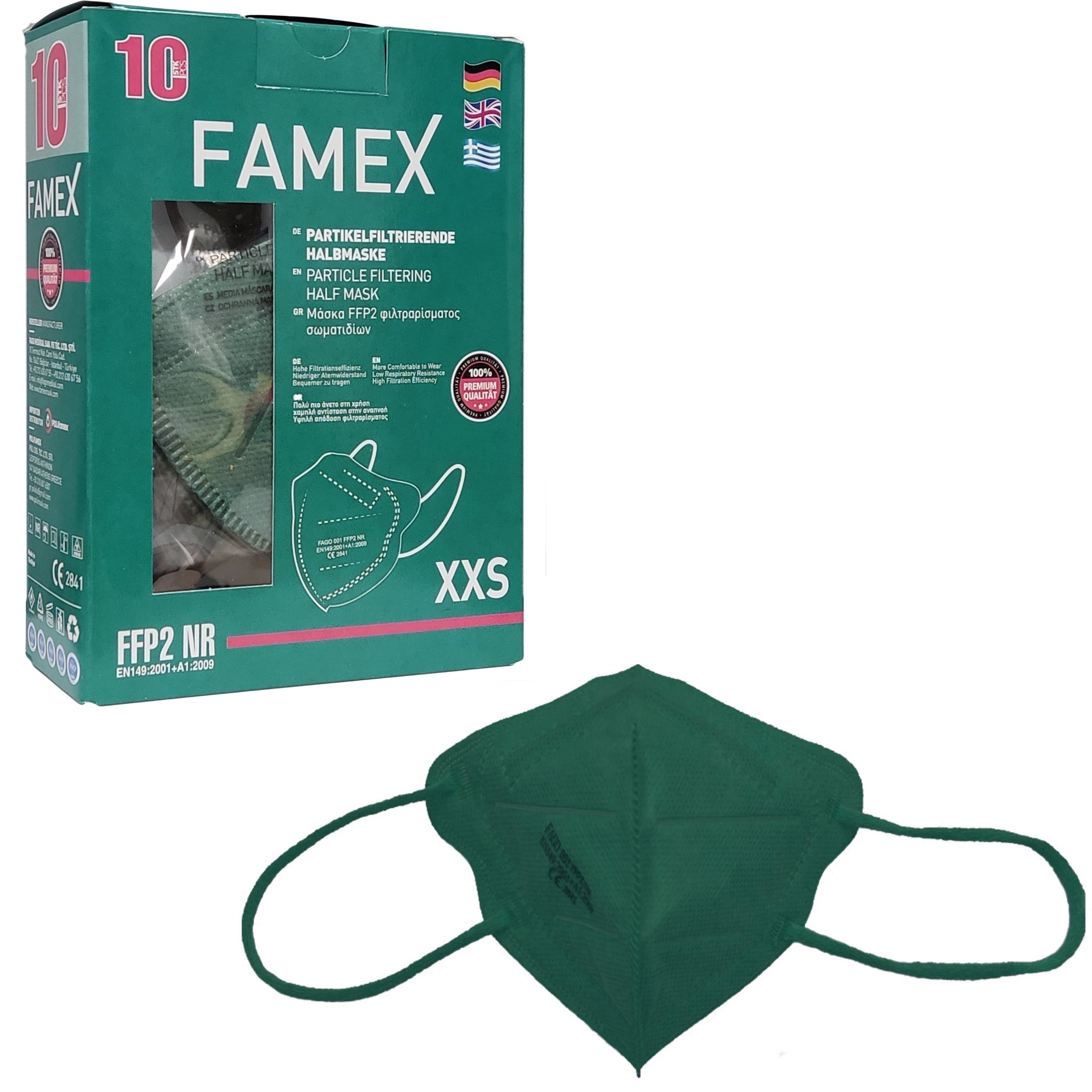 Famex Kids Mask FFP2 NR XXS Μάσκες Προστασίας μιας Χρήσης για Παιδιά 2 έως 5 Ετών 10 Τεμάχια - Πράσινο Σκούρο 45828