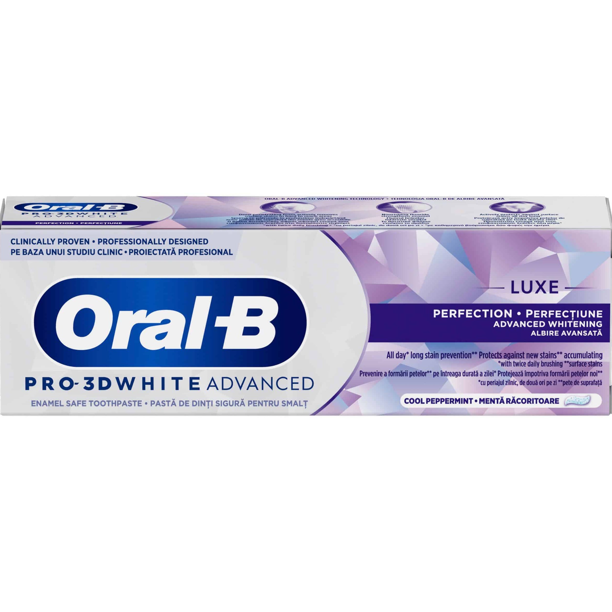 Oral-B Oral-B Pro 3D White Advanced Luxe Perfection Toothpaste Οδοντόκρεμα Προηγμένης Λεύκανσης για Προστασία από τους Λεκέδες Έως & 24 Ώρες με Γεύση Δροσερής Μέντας 75ml