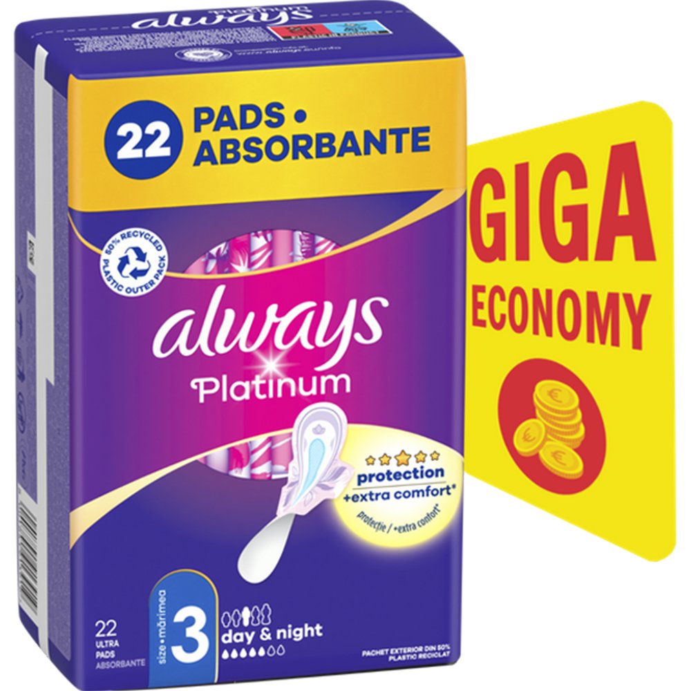 Always Always Promo Platinum Day & Night Pads Size 3 Σερβιέτες Μεγάλου Μεγέθους με Φτερά για Άνεση & Προστασία Μέρα & Νύχτα 22 Τεμάχια