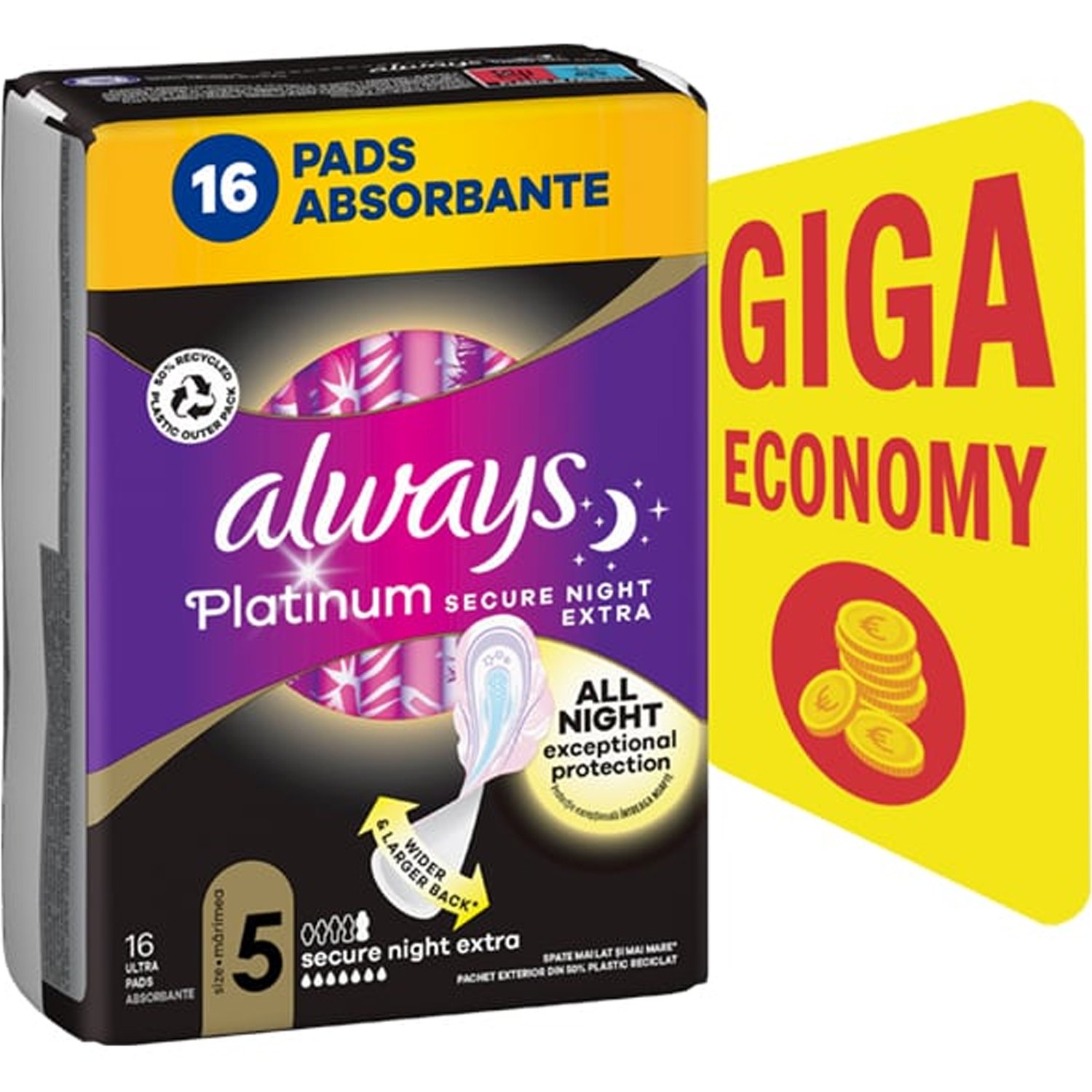 Always Always Promo Platinum Secure Night Extra Size 5 Σερβιέτες Πολύ Μεγάλου Μεγέθους με Φτερά για Άνεση & Προστασία Κάθε Νύχτα 16 Τεμάχια