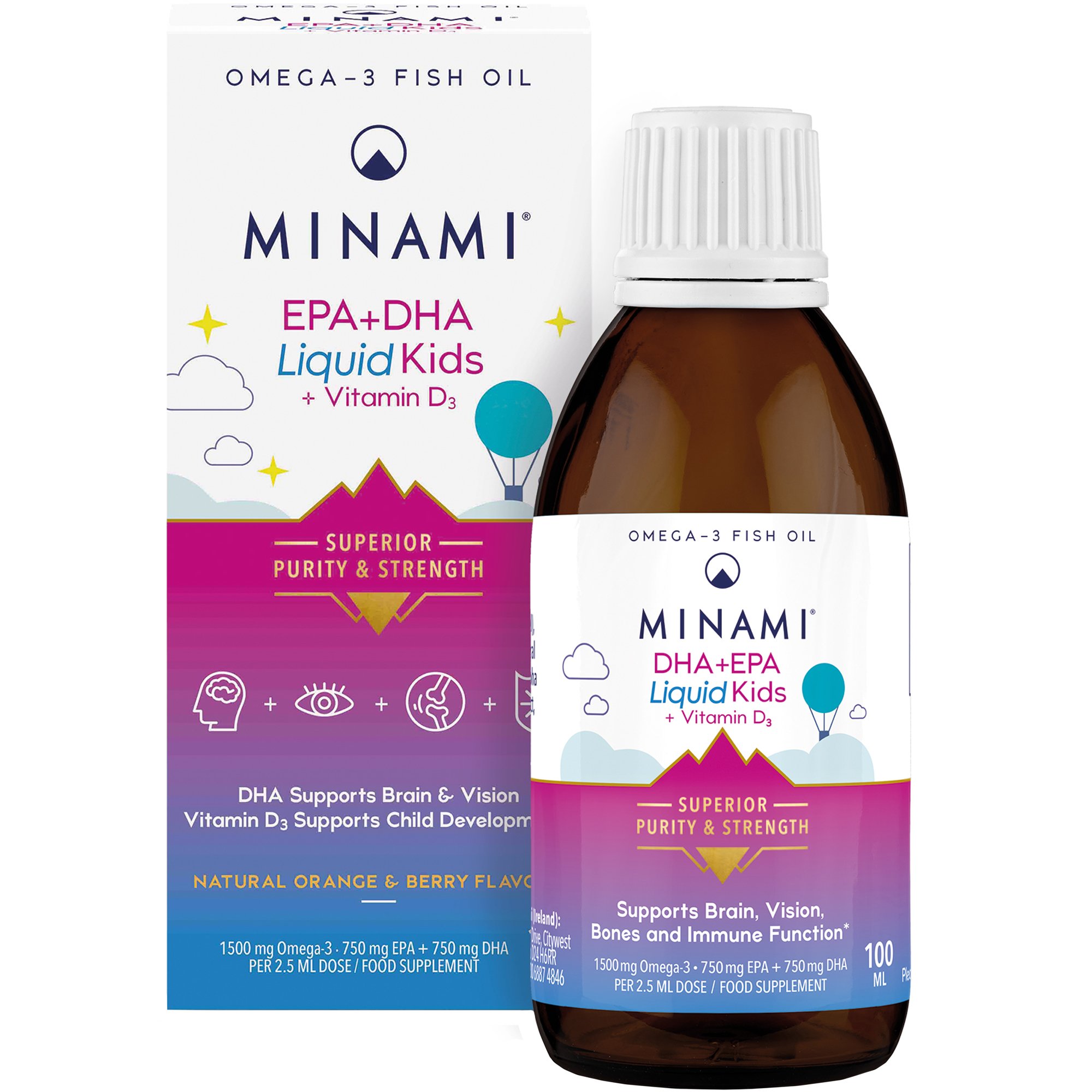 Minami Minami EPA + DHA Liquid Kids + Vitamin D3 Συμπλήρωμα Διατροφής Πλούσιο σε Ω3 Λιπαρά Οξέα Υψηλής Καθαρότητας & Συγκέντρωσης με Βιταμίνη D3 για Ομαλή Λειτουργία του Εγκεφάλου & Όρασης, Ενίσχυση του Ανοσοποιητικού & Καλή Υγεία Οστών & Δοντιών για Παιδιά