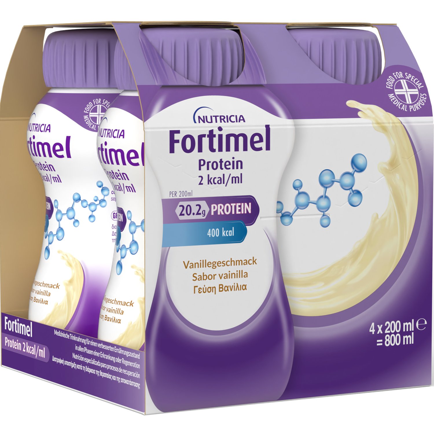 Nutricia Nutricia Fortimel Protein 2 kcal/ml Vanilla Πόσιμο Θρεπτικό Σκεύασμα Πλούσιο σε Πρωτεΐνες, Μέταλλα & Ιχνοστοιχεία για την Αντιμετώπιση Προβλημάτων Υποσιτισμού & Δυσθρεψίας που Σχετίζονται με Ασθένεια με Γεύση Βανίλια 4x200ml