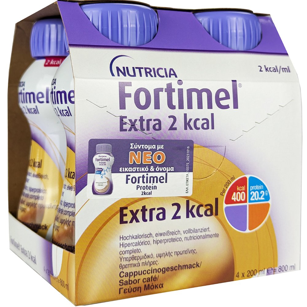 Nutricia Nutricia Fortimel Extra 2 kcal/ml Mocca Πόσιμο Θρεπτικό Σκεύασμα Πλούσιο σε Πρωτεΐνες, Μέταλλα & Ιχνοστοιχεία για την Αντιμετώπιση Προβλημάτων Υποσιτισμού & Δυσθρεψίας που Σχετίζονται με Ασθένεια με Γεύση Μόκα 4x200ml