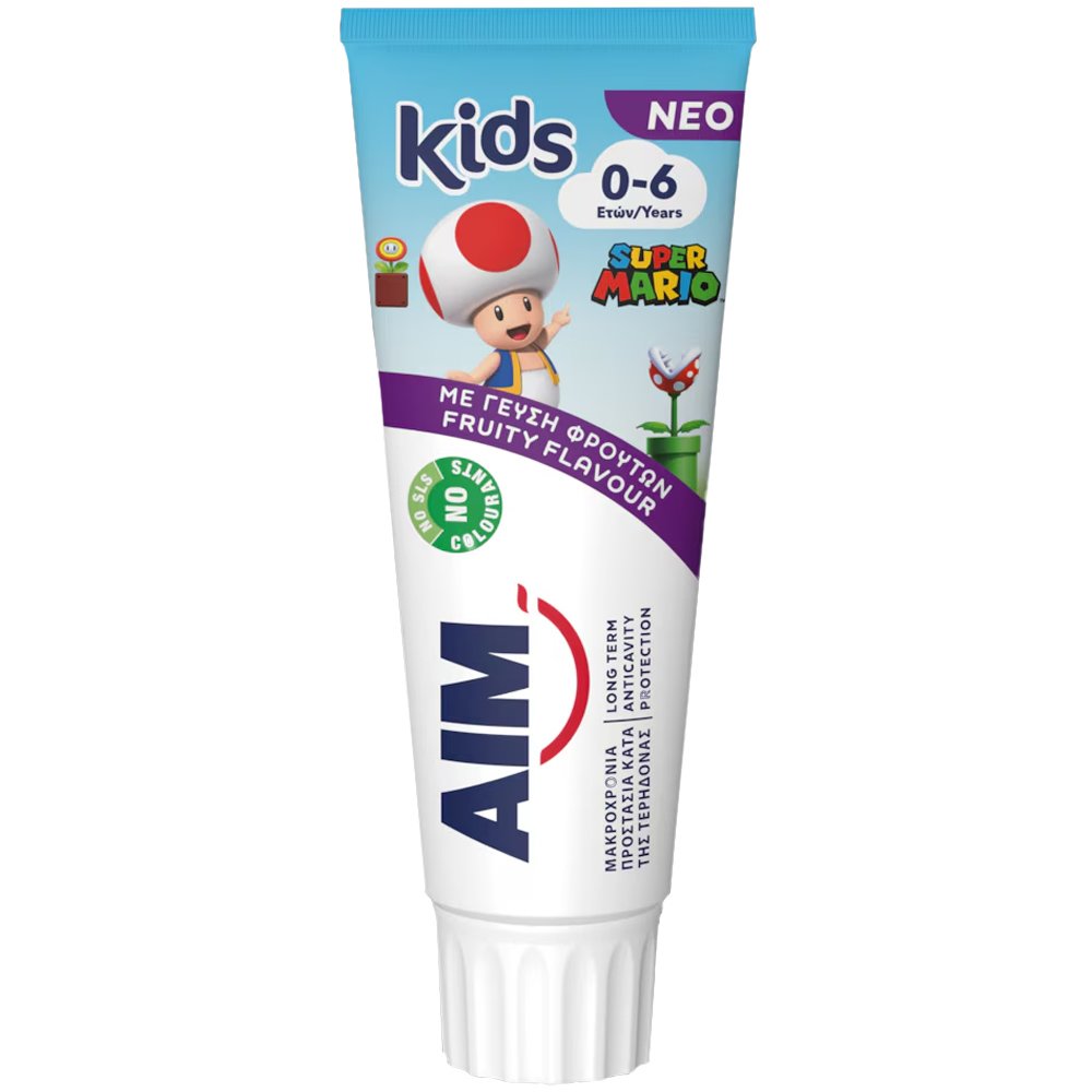 AIM Aim Kids 0-6 Years Super Mario Toothpaste Παιδική Οδοντόκρεμα με Ήπια Γεύση Φρούτων για Μακροχρόνια Προστασία Κατά της Τερηδόνας 75ml