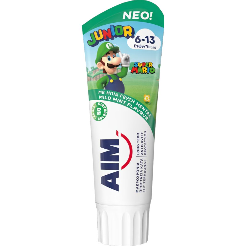 Aim Junior 6-13 Years Super Mario Kids Tootpaste Παιδική Οδοντόκρεμα με Ήπια Γεύση Μέντας που Προσφέρει Μακροχρόνια Προστασία Κατά της Τερηδόνας 75ml φωτογραφία