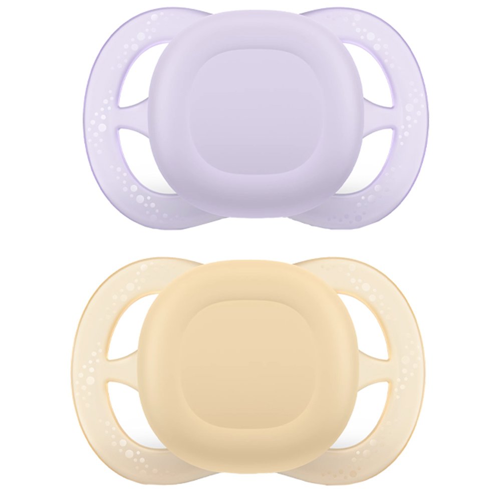 Philips Avent Philips Avent Ultra Start Silicone Orthodontic Soother 0-2m Ορθοδοντική Πιπίλα Σιλικόνης Κατάλληλη για Νεογέννητα Μωρά με Θήκη Μεταφοράς 2 Τεμάχια - Μωβ / Κίτρινο