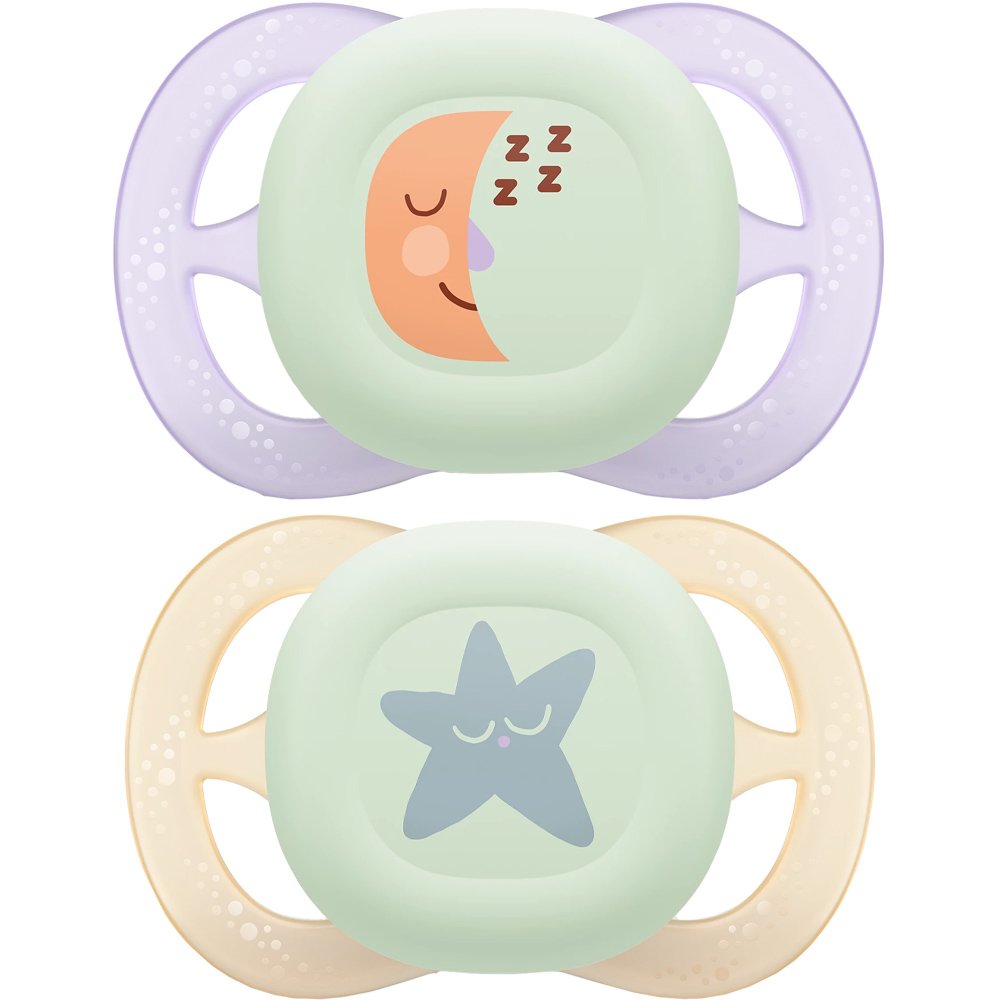 Philips Avent Philips Avent Ultra Start Nighttime Silicone Orthodontic Soother 0-2m, Ορθοδοντική Πιπίλα Σιλικόνης που Φωσφορίζει στο Σκοτάδι Κατάλληλη για Νεογέννητα Μωρά με Θήκη Μεταφοράς 2 Τεμάχια - Μωβ / Κίτρινο