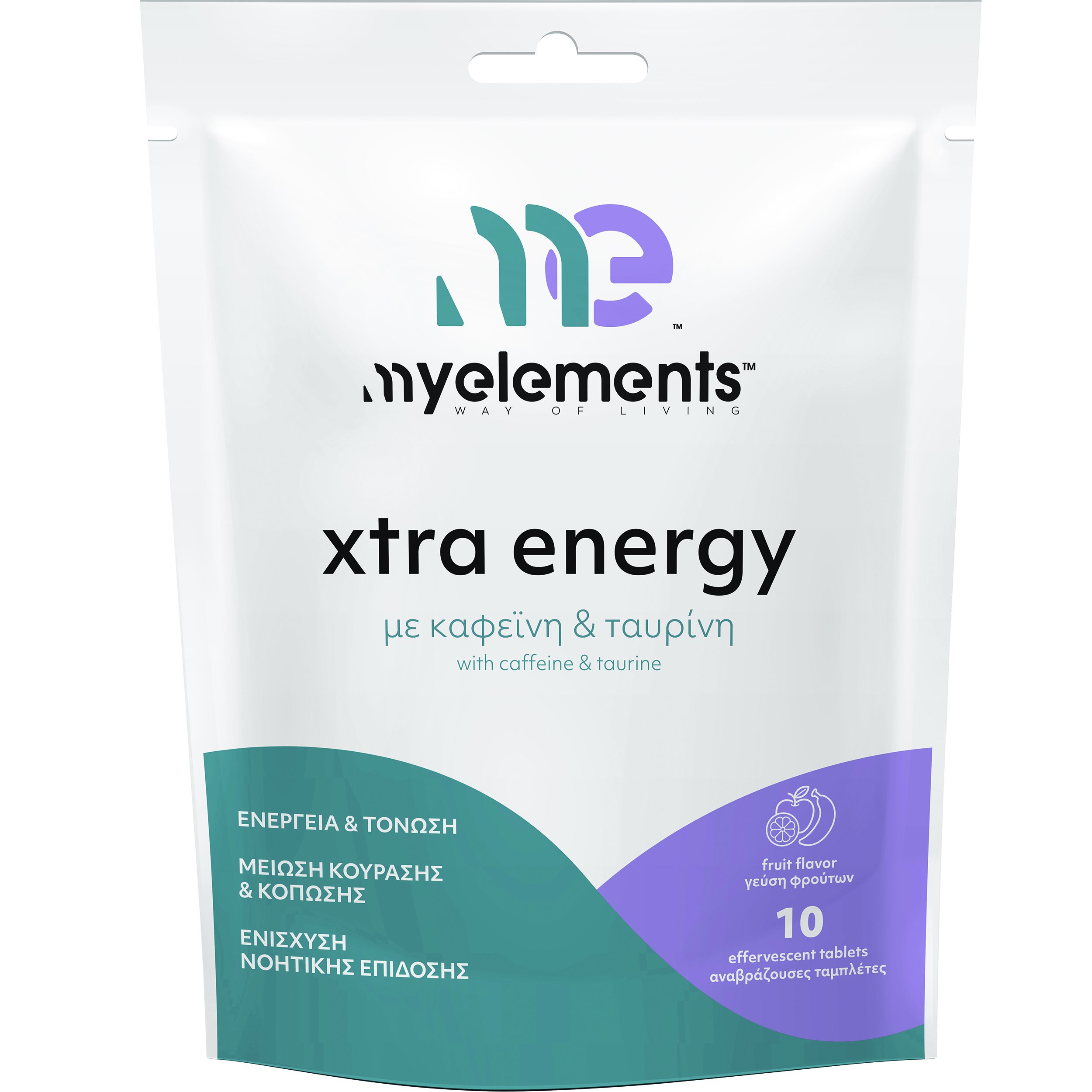 My Elements My Elements Xtra Energy with Caffeine & Taurine Συμπλήρωμα Διατροφής με Καφεΐνη - Ταυρινή για Αύξηση της Ενέργειας & Μείωση της Κούρασης με Γεύση Φρούτων 10 Effer.tabs