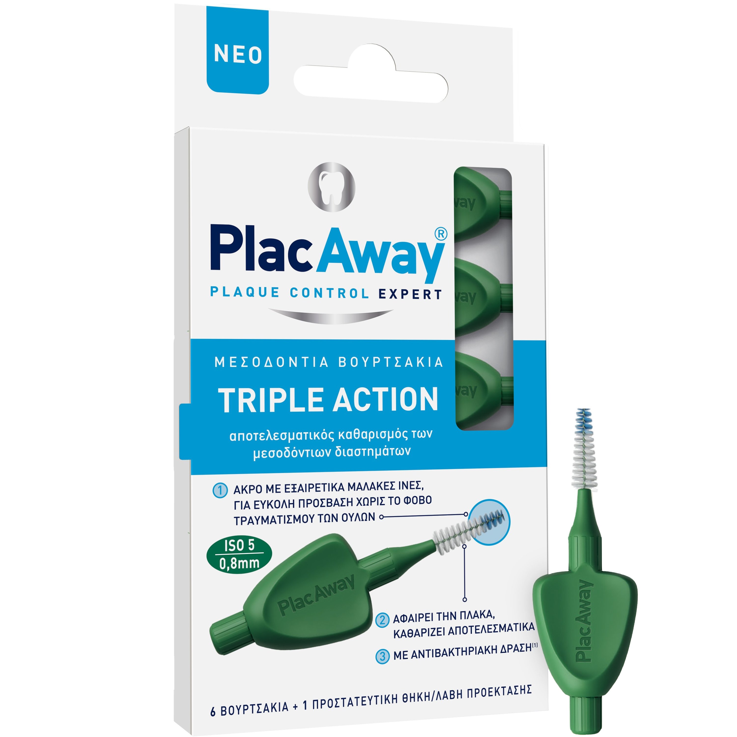 Plac Away Plac Away Triple Action Iterdental Brushes Extra Soft Βουρτσάκια με Πολύ Απαλές Ίνες για Καθαρισμό των Μεσοδόντιων Διαστημάτων & των Ορθοδοντικών Μηχανισμών με Προστατευτική Θήκη - Λαβή 6 Τεμάχια - ISO 5 / 0.8mm