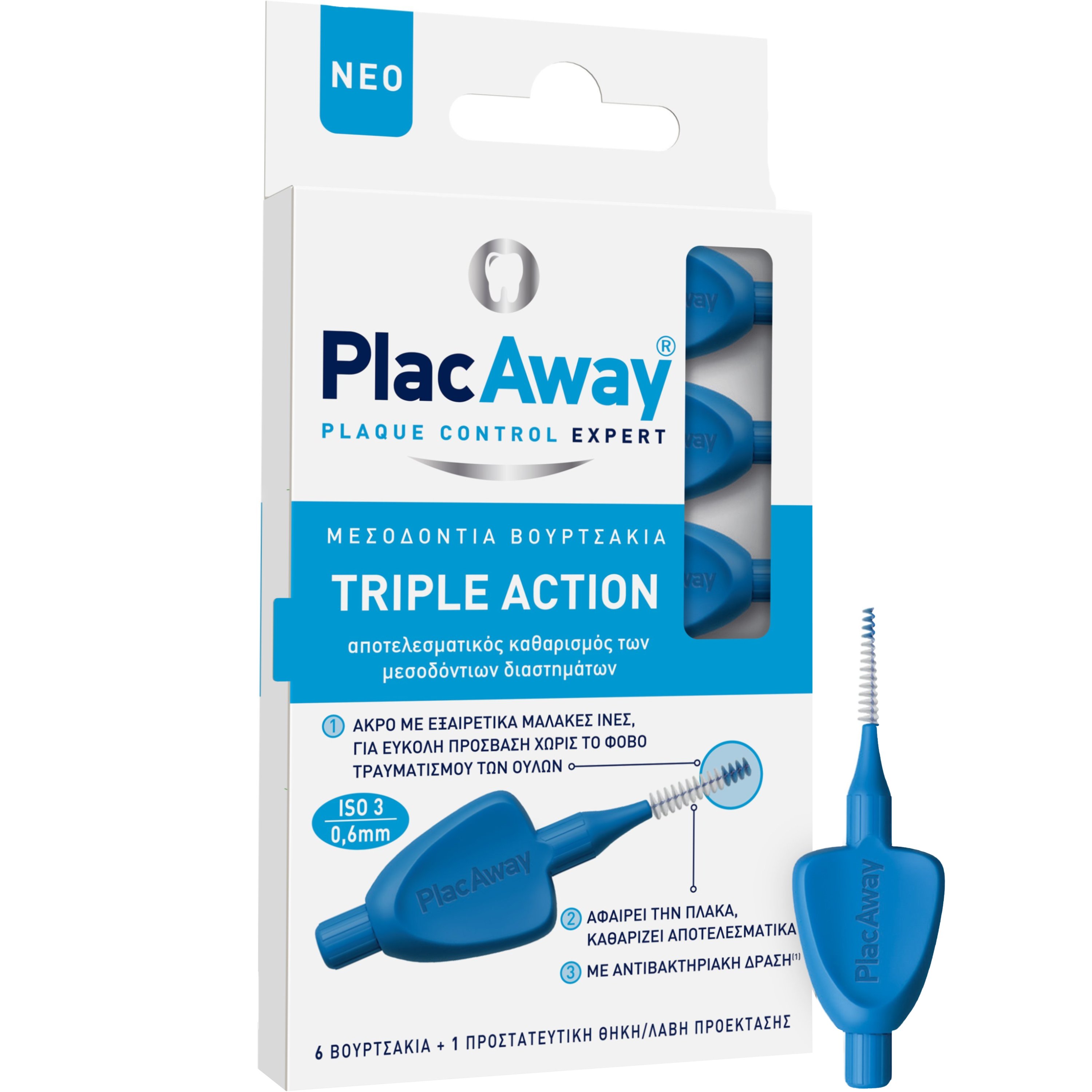 Plac Away Triple Action Iterdental Brushes Extra Soft Βουρτσάκια με Πολύ Απαλές Ίνες για Καθαρισμό των Μεσοδόντιων Διαστημάτων & των Ορθοδοντικών Μηχανισμών με Προστατευτική Θήκη – Λαβή 6 Τεμάχια – ISO 3 / 0.6mm