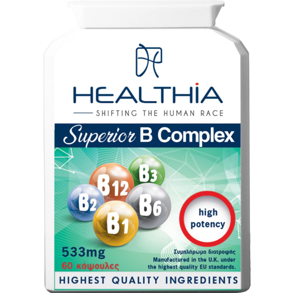 Healthia Healthia Superior B Complex 533mg High Potency Συμπλήρωμα Διατροφής με Σύμπλεγμα Βιταμινών Β Υψηλής Ισχύος για την Καλή Λειτουργία του Νευρικού - Καρδιαγγειακού Συστήματος​​​​​​​ 60caps