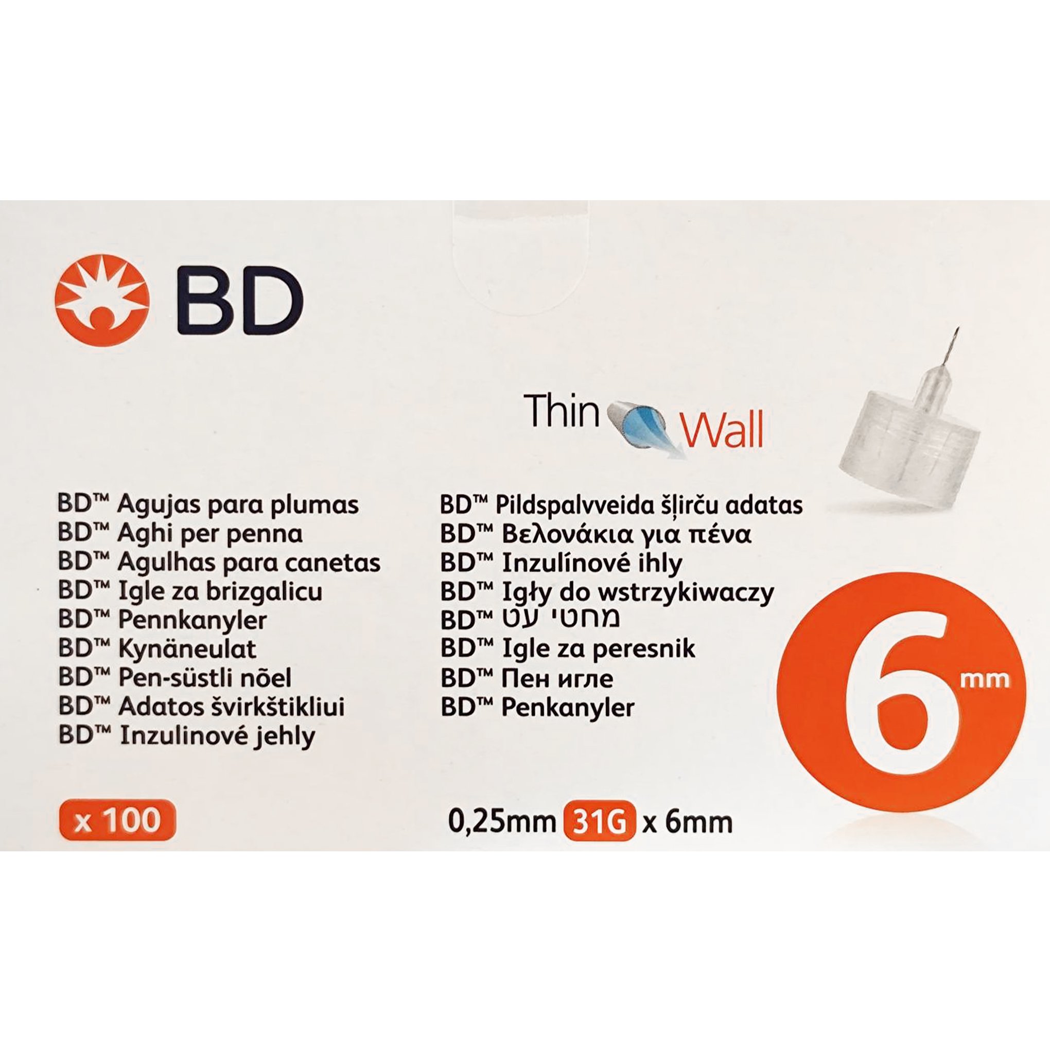 BD BD Thin Wall Pen Needles 0,25mm 31g x 6mm Βελονάκια για Πένα Ινσουλίνης 100 Τεμάχια