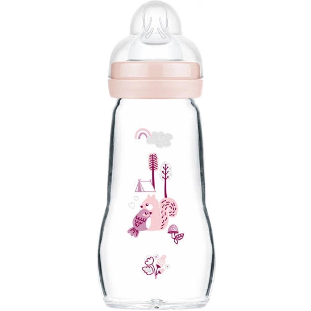 Mam Mam Feel Good Premium Glass Bottle Γυάλινο Μπιμπερό με Θηλή Σιλικόνης Μεσαίας Ροής 2m+, 260ml, Κωδ 375SG - Ροζ 2