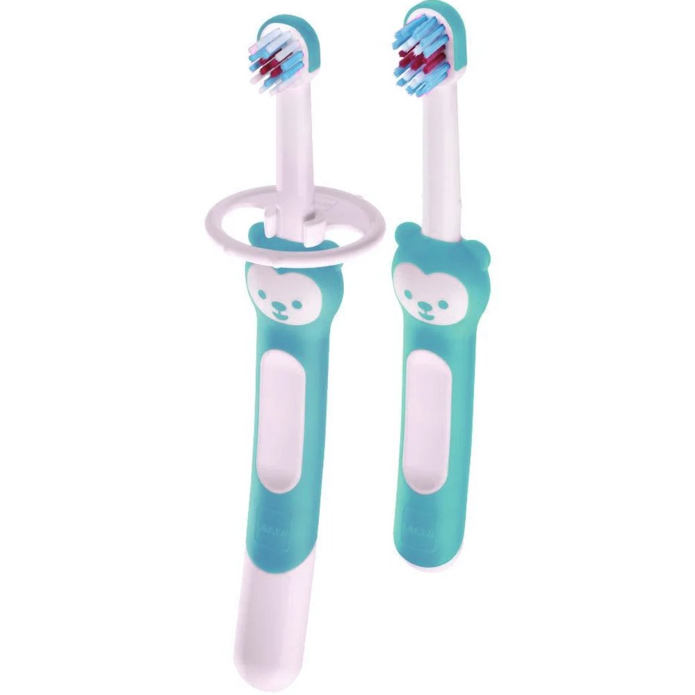 Mam Mam Learn to Brush Set Soft Toothbrush 5m+ Γαλάζια Βρεφική, Εκπαιδευτική Οδοντόβουρτσα με Μαλακές Ίνες & Ασπίδα Προστασίας 2 Τεμάχια, Κωδ 608B