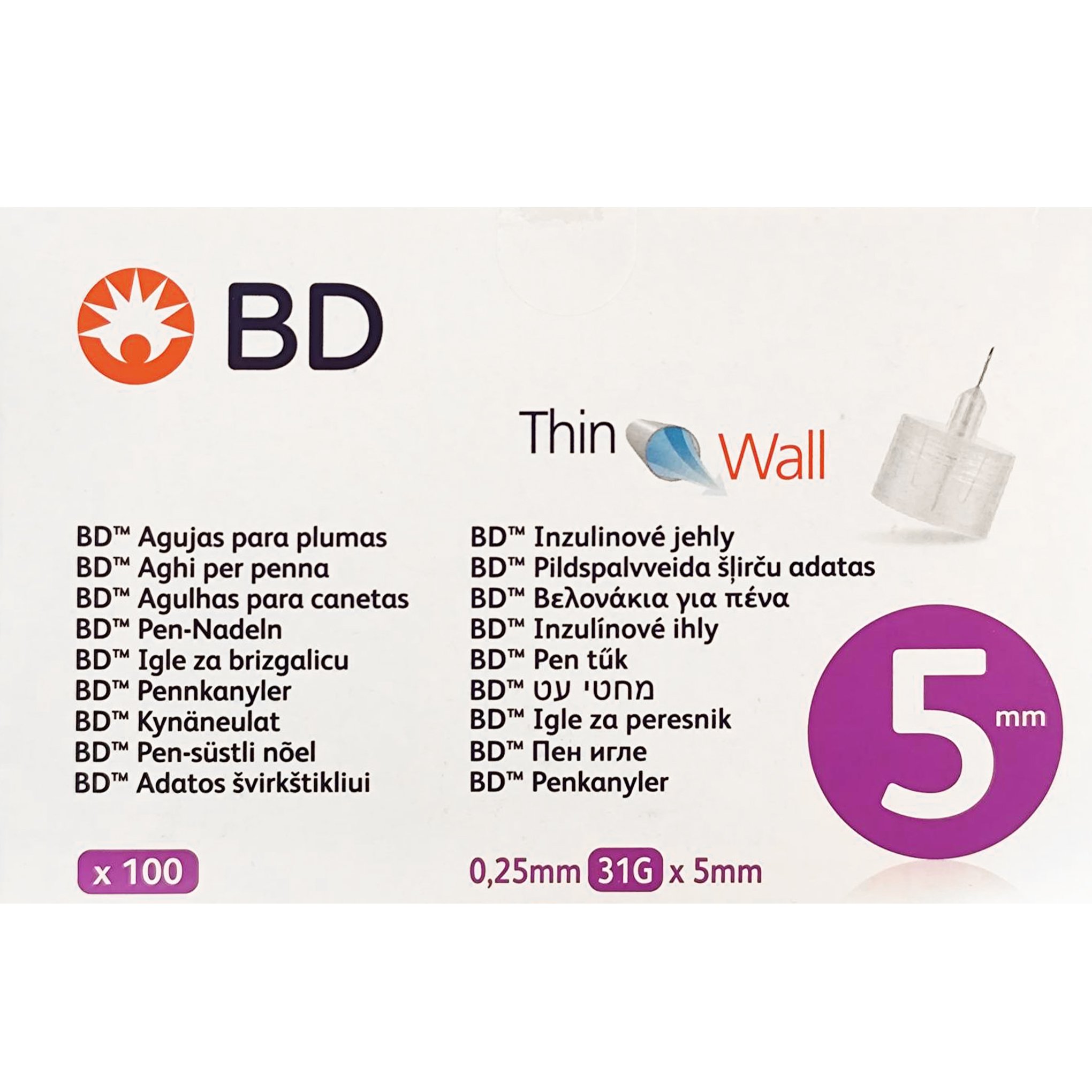 BD BD Thin Wall Pen Needles 0,25mm 31g x 5mm Βελονάκια για Πένα Ινσουλίνης 100 Τεμάχια