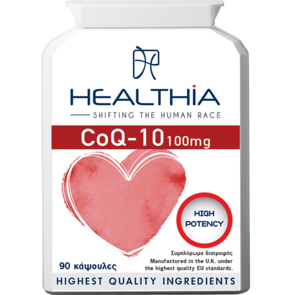 Healthia Healthia CoQ-10 High Potency 100mg Συμπλήρωμα Διατροφής με Συνένζυμο Q10 Υψηλής Ισχύος & Βιταμίνη Β1 για Παραγωγή Ενέργειας, Αντιοξειδωτική Προστασία & την Καλή Λειτουργία της Καρδιάς - Κυκλοφοριακού Συστήματος 90caps