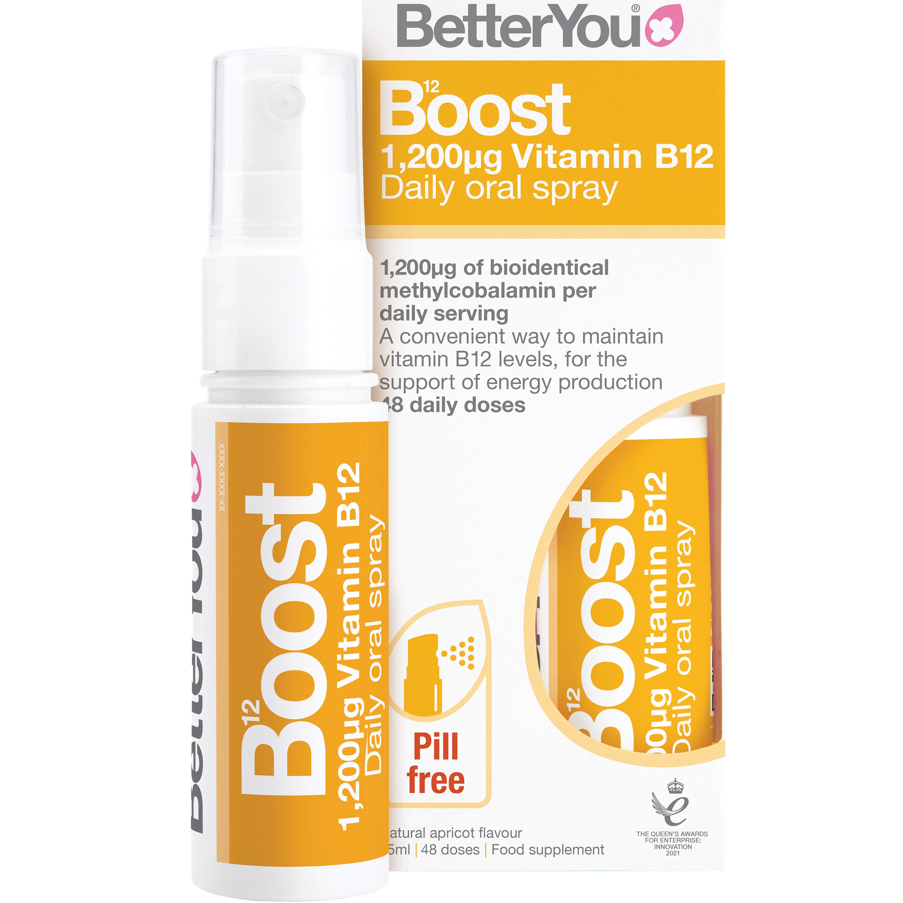 BetterYou BetterYou Vitamin B12 1,200μg Boost Daily Oral Spray Συμπλήρωμα Διατροφής σε Μορφή Spray Βιταμίνης Β12 για την Καλή Λειτουργία του Νευρικού Συστήματος & Ενέργεια με Φυσική Γεύση Βερίκοκο 25ml