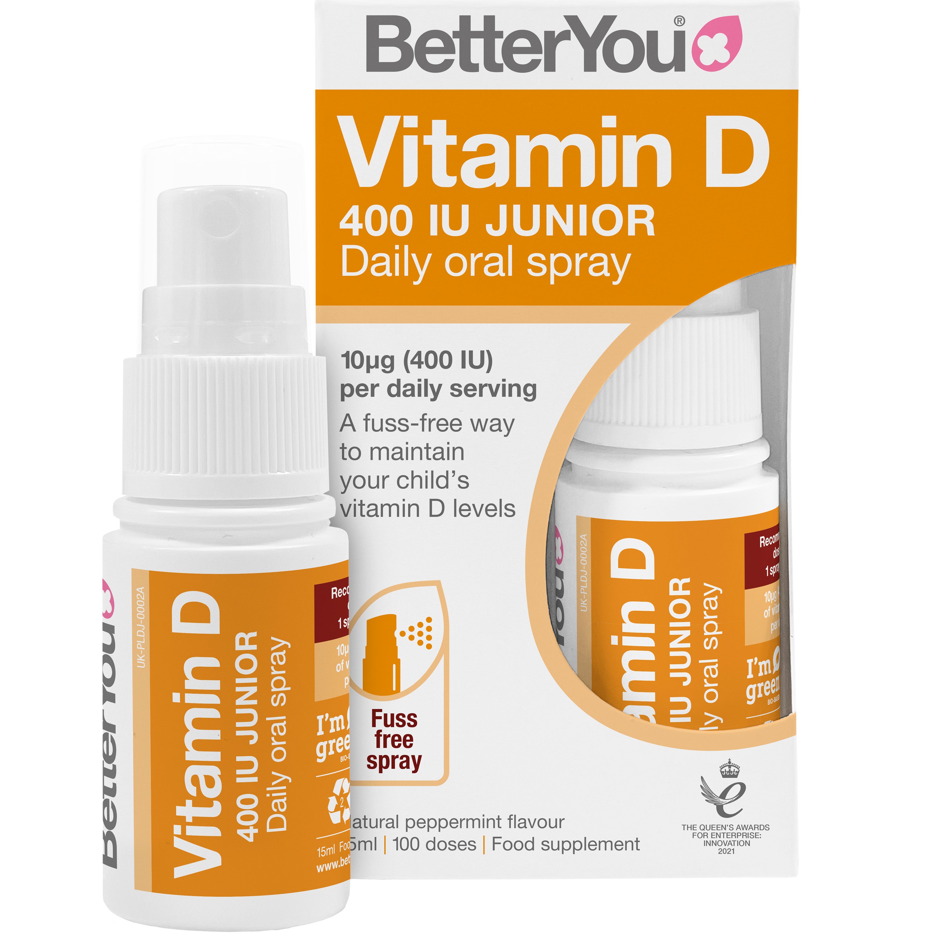 BetterYou BetterYou Vitamin D 400IU Junior Daily Oral Spray Συμπλήρωμα Διατροφής Βιταμίνης D3 για Παιδιά από 3 Ετών & Άνω σε Μορφή Spray για Σωστή Ανάπτυξη, Καλή Υγεία Οστών, Δοντιών & Ενίσχυση Ανοσοποιητικού με Γεύση Μέντας 15ml