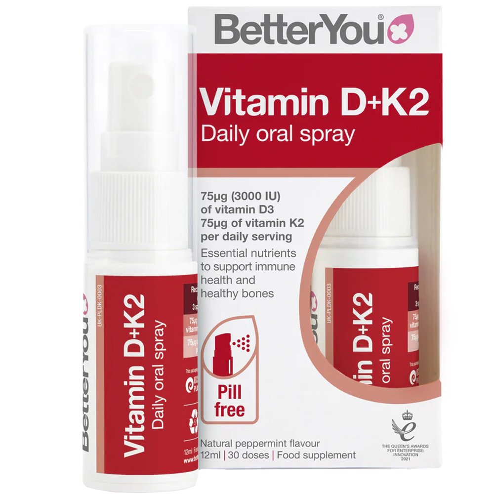 BetterYou BetterYou Vitamin D 3000IU + K2 75μg Daily Oral Spray Συμπλήρωμα Διατροφής Βιταμίνης D3 & K2 σε Μορφή Spray για Καλή Υγεία Οστών, Ενίσχυση του Ανοσοποιητικού & Αιμοποιητικού Συστήματος με Γεύση Μέντας 12ml