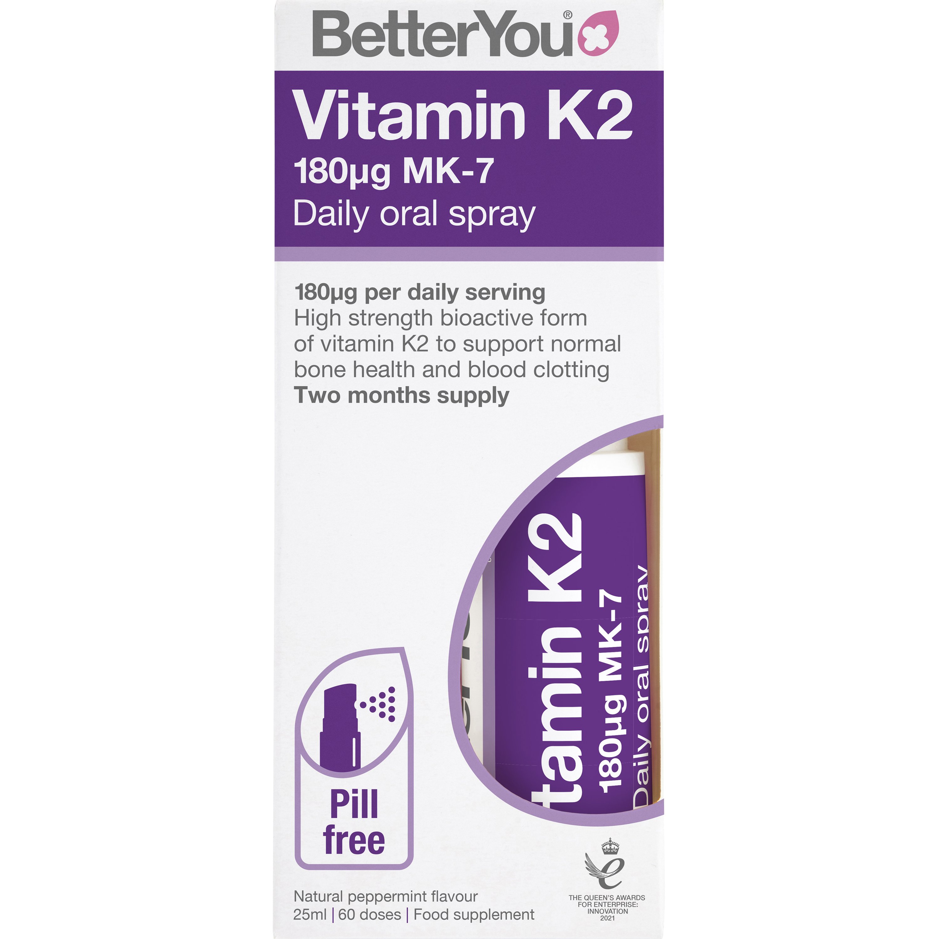 BetterYou BetterYou Vitamin K2 180μg Daily Oral Spray Συμπλήρωμα Διατροφής Βιταμίνης K2 σε Μορφή Spray για την Υποστήριξη της Καλής Υγείας των Οστών & του Αιμοποιητικού Συστήματος με Γεύση Μέντα 25ml