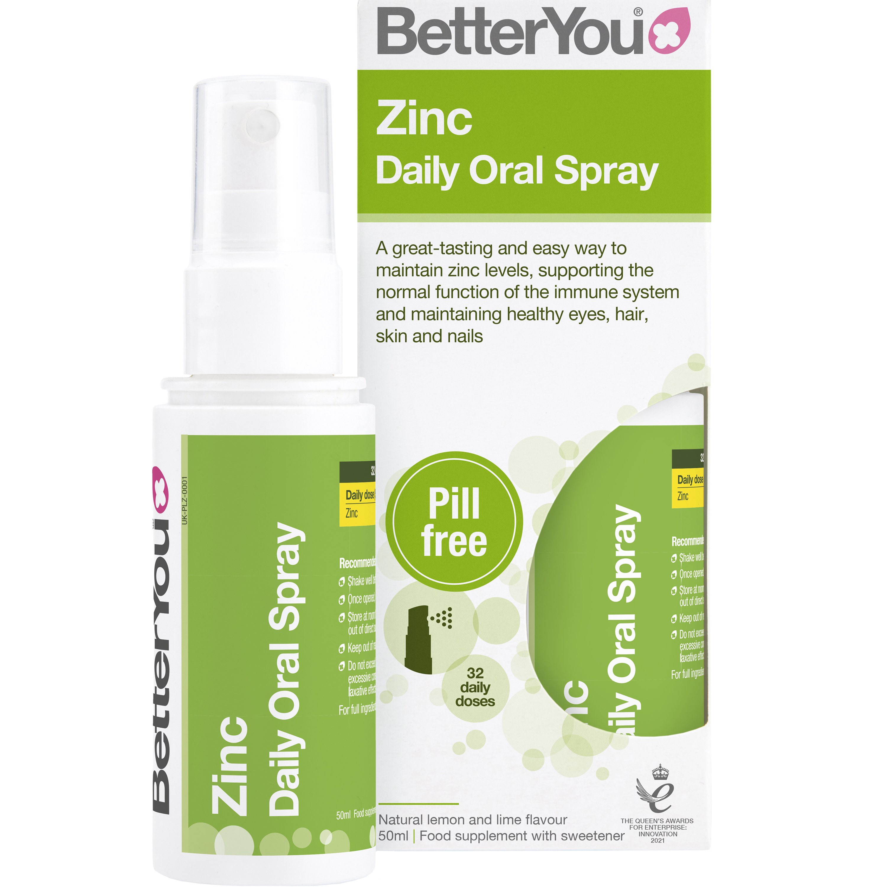 BetterYou BetterYou Zinc Daily Oral Spray Συμπλήρωμα Διατροφής Ψευδάργυρου σε Μορφή Spray για Ενίσχυση του Ανοσοποιητικού & Καλύ Υγεία Μαλλιών, Νυχιών & Δέρματος με Φυσική Γεύση Λεμόνι & Λαιμ 50ml