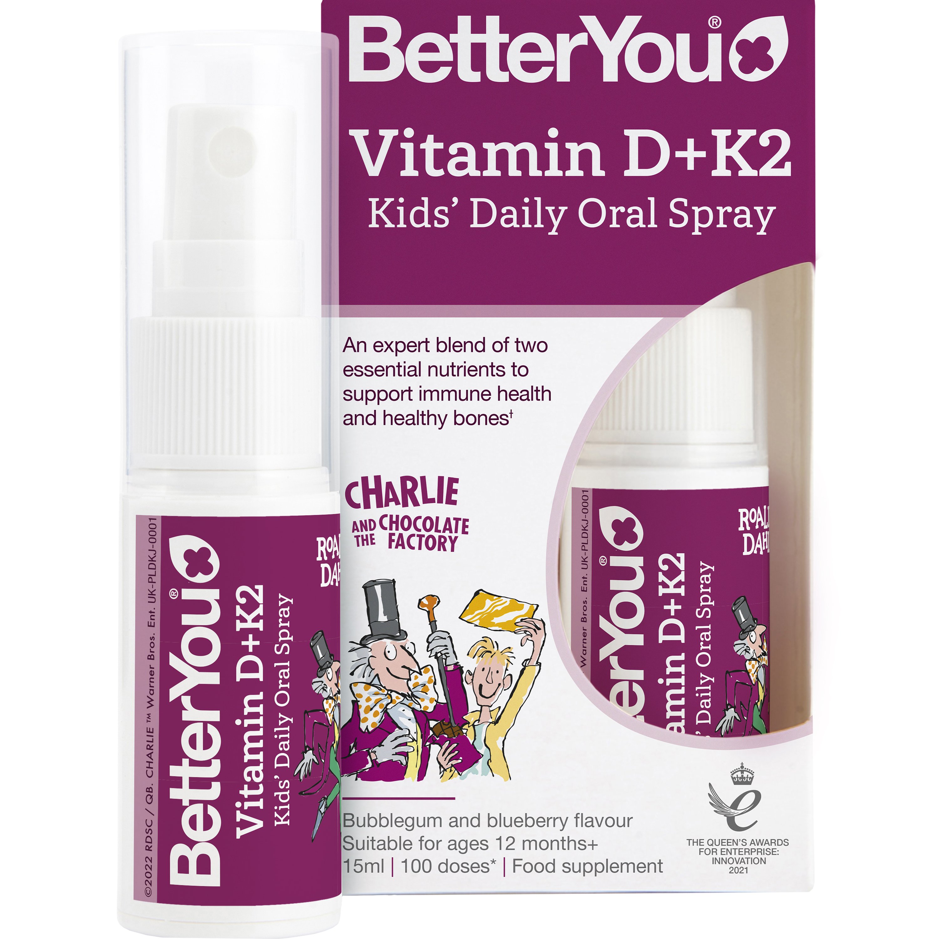 BetterYou BetterYou Vitamin D + K2 Kids's Daily Oral Spray Συμπλήρωμα Διατροφής Βιταμίνης D & K2 σε Μορφή Spray για Παιδιά από 12 Μηνών για Καλή Υγεία Οστών, Δοντιών & Ενίσχυση του Ανοσοποιητικού & Αιμοποιητικού Συστήματος με Γεύση Τσιχλόφουσκα & Μύρτιλο 15ml