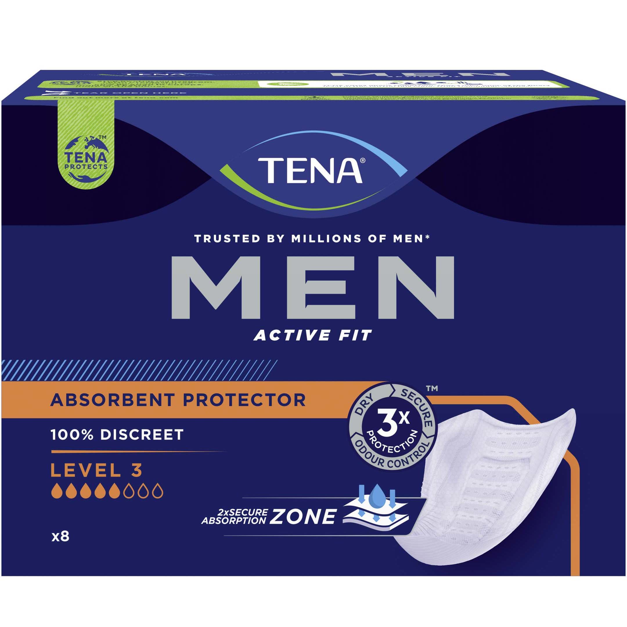 Tena Tena Men Active Fit Absorbent Protector Level 3 Ανδρικά Επιθέματα Ακράτειας Μέτριας Απορροφητικότητας 8 Τεμάχια