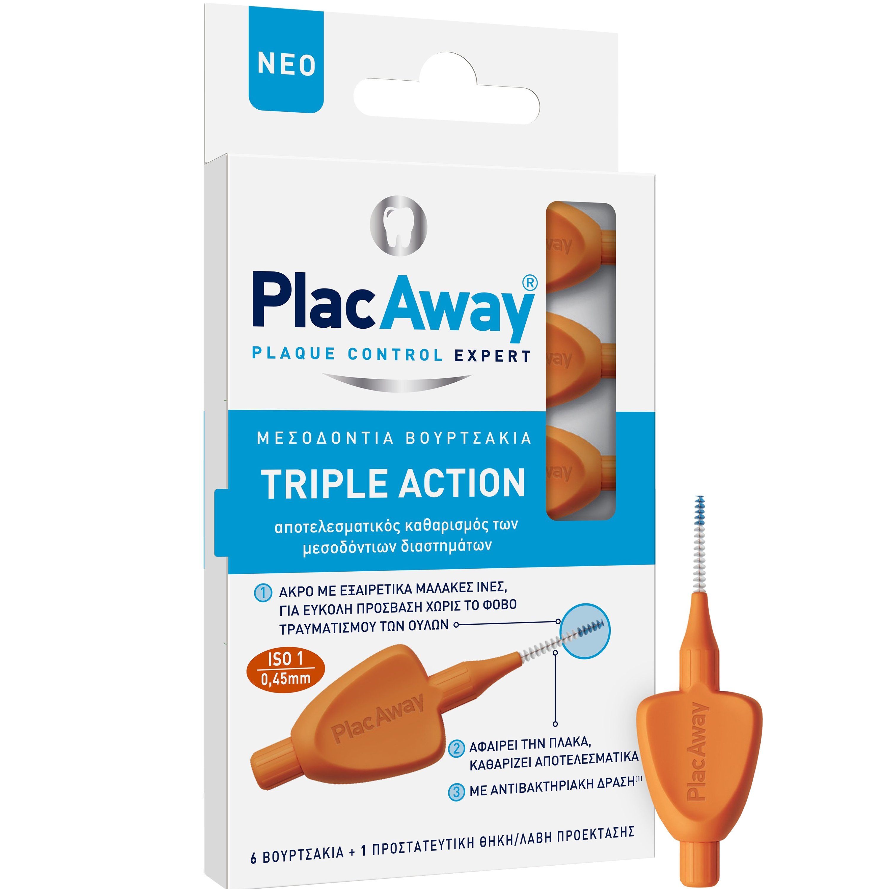 Plac Away Triple Action Iterdental Brushes Extra Soft Βουρτσάκια με Πολύ Απαλές Ίνες για Καθαρισμό των Μεσοδόντιων Διαστημάτων & των Ορθοδοντικών Μηχανισμών με Προστατευτική Θήκη - Λαβή 6 Τεμάχια - ISO 1 / 0.45mm φωτογραφία