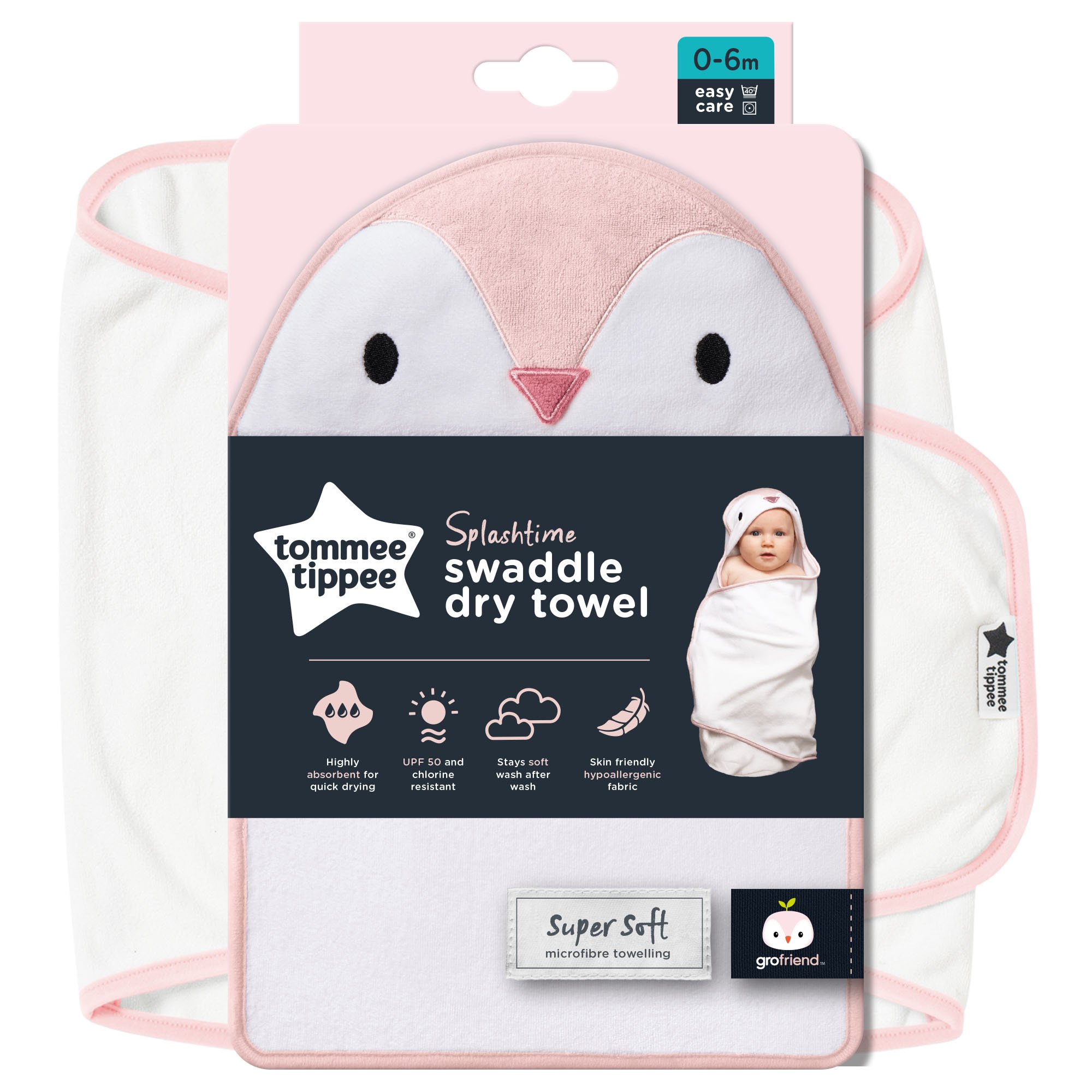 Tommee Tippee Tommee Tippee Splashtime Swaddle Dry Towel Κωδ CAA1016 Πετσέτα Μπάνιου με Κουκούλα, που Στεγνώνει Γρήγορα 0-6m 1 Τεμάχιο - Penny the Penguin