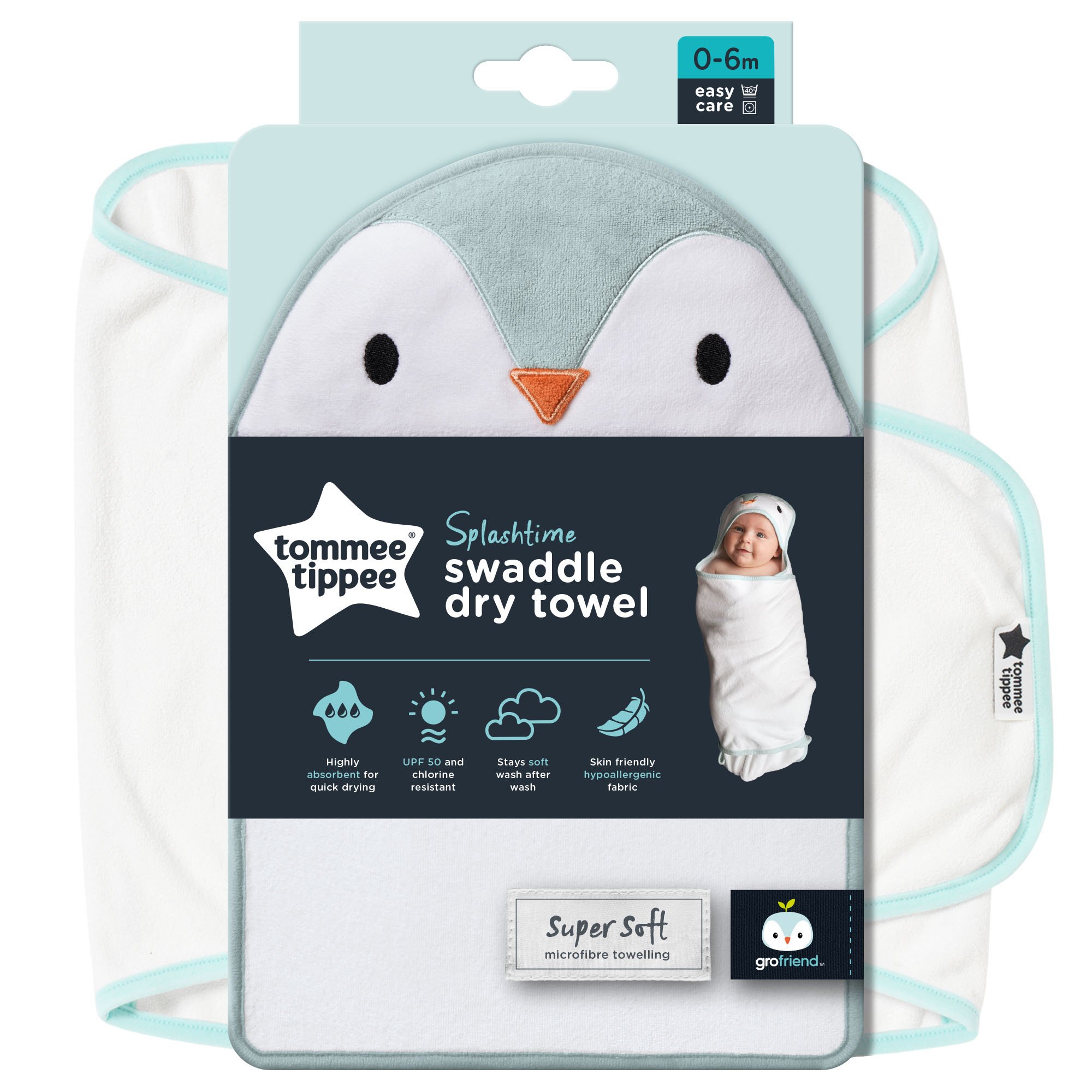 Tommee Tippee Tommee Tippee Splashtime Swaddle Dry Towel Κωδ CAA1017 Πετσέτα Μπάνιου με Κουκούλα, που Στεγνώνει Γρήγορα 0-6m 1 Τεμάχιο - Percy the Penguin