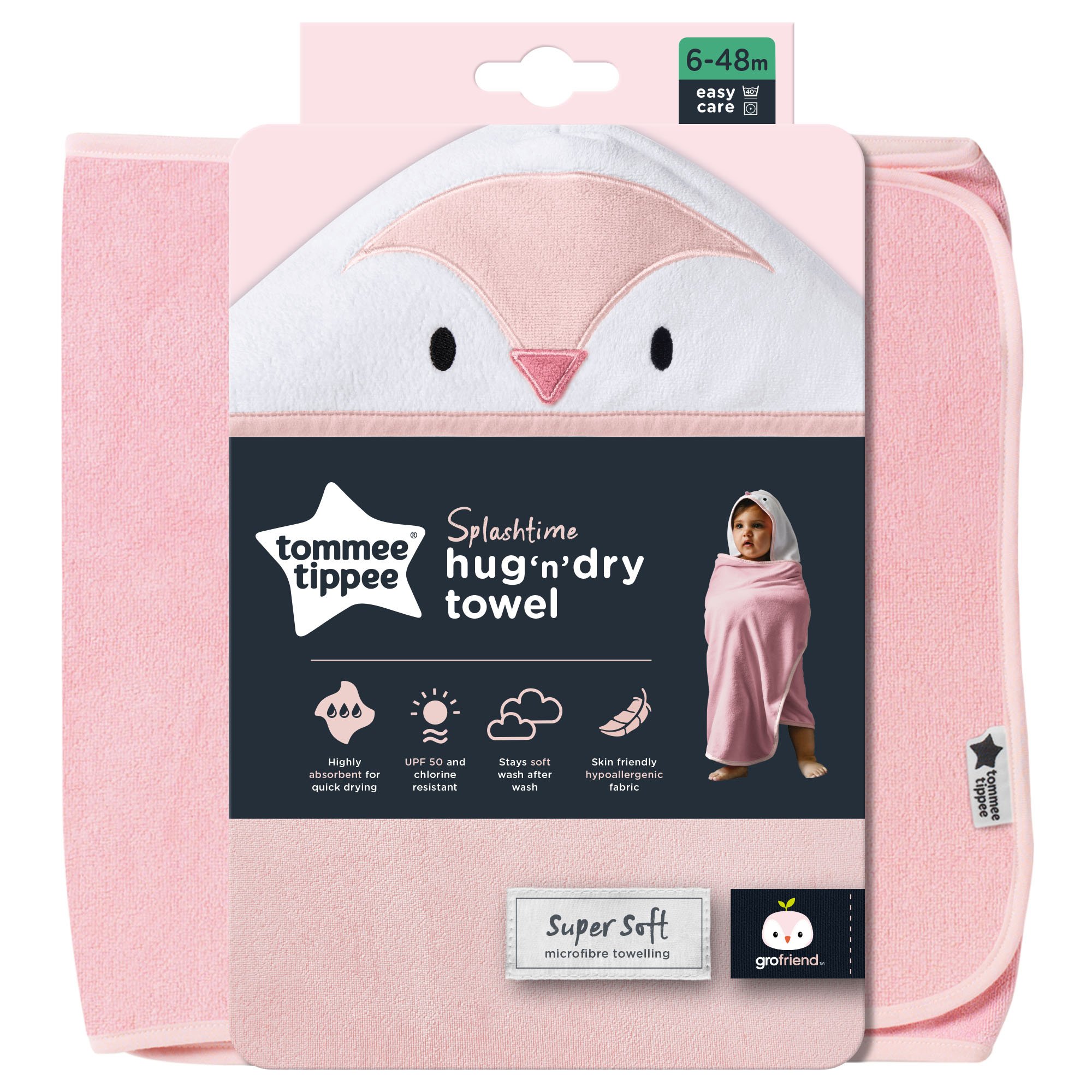 Tommee Tippee Tommee Tippee Splashtime Hug n Dry Towel Κωδ CBA1016 Πετσέτα Μπάνιου με Σχέδιο & Κουκούλα, που Στεγνώνει Γρήγορα 6-48m 1 Τεμάχιο - Penny the Penguin