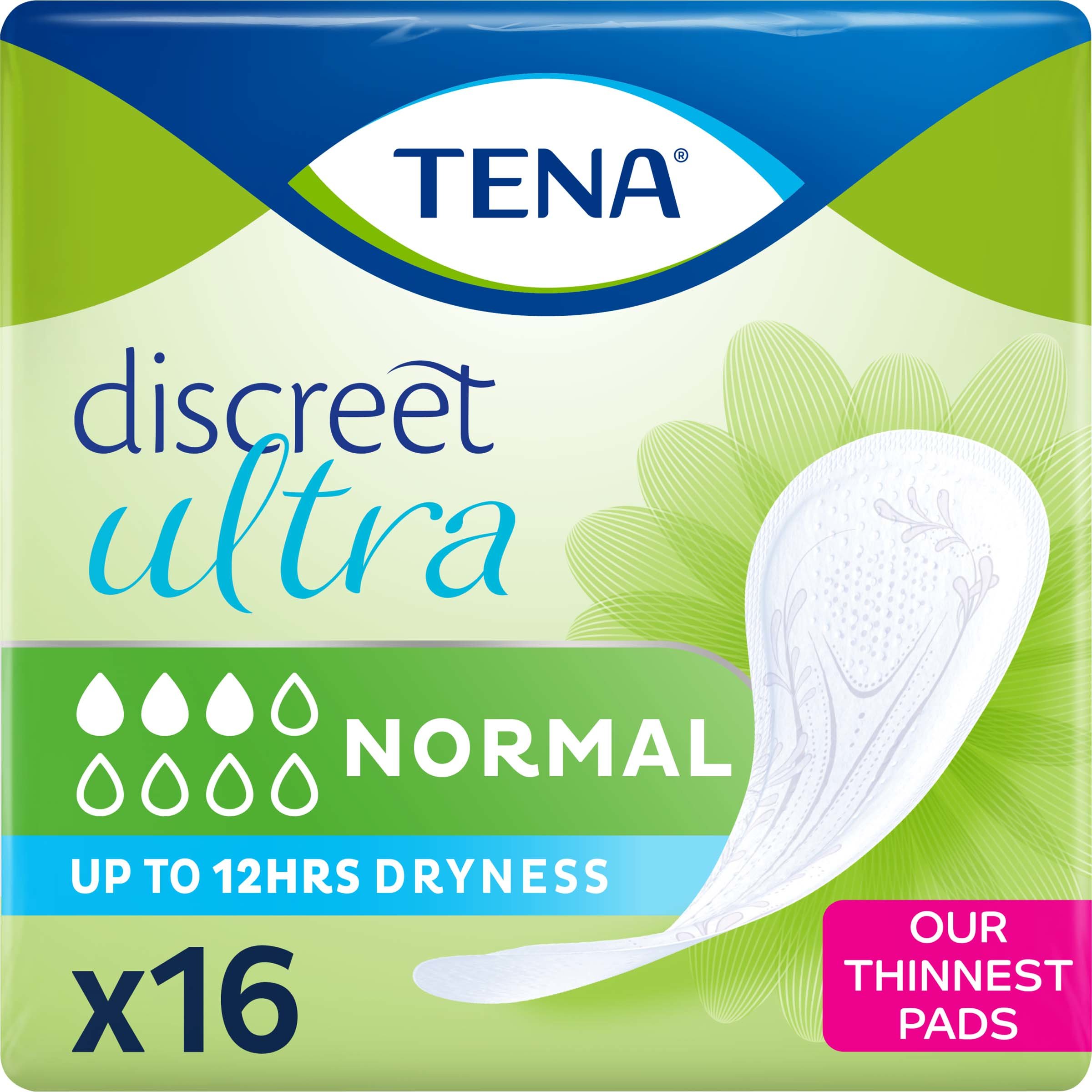 Tena Tena Discreet Ultra Normal Λεπτές Σερβιέτες Χωρίς Άρωμα για Μέτρια Μορφής Ακράτεια 16 Τεμάχια