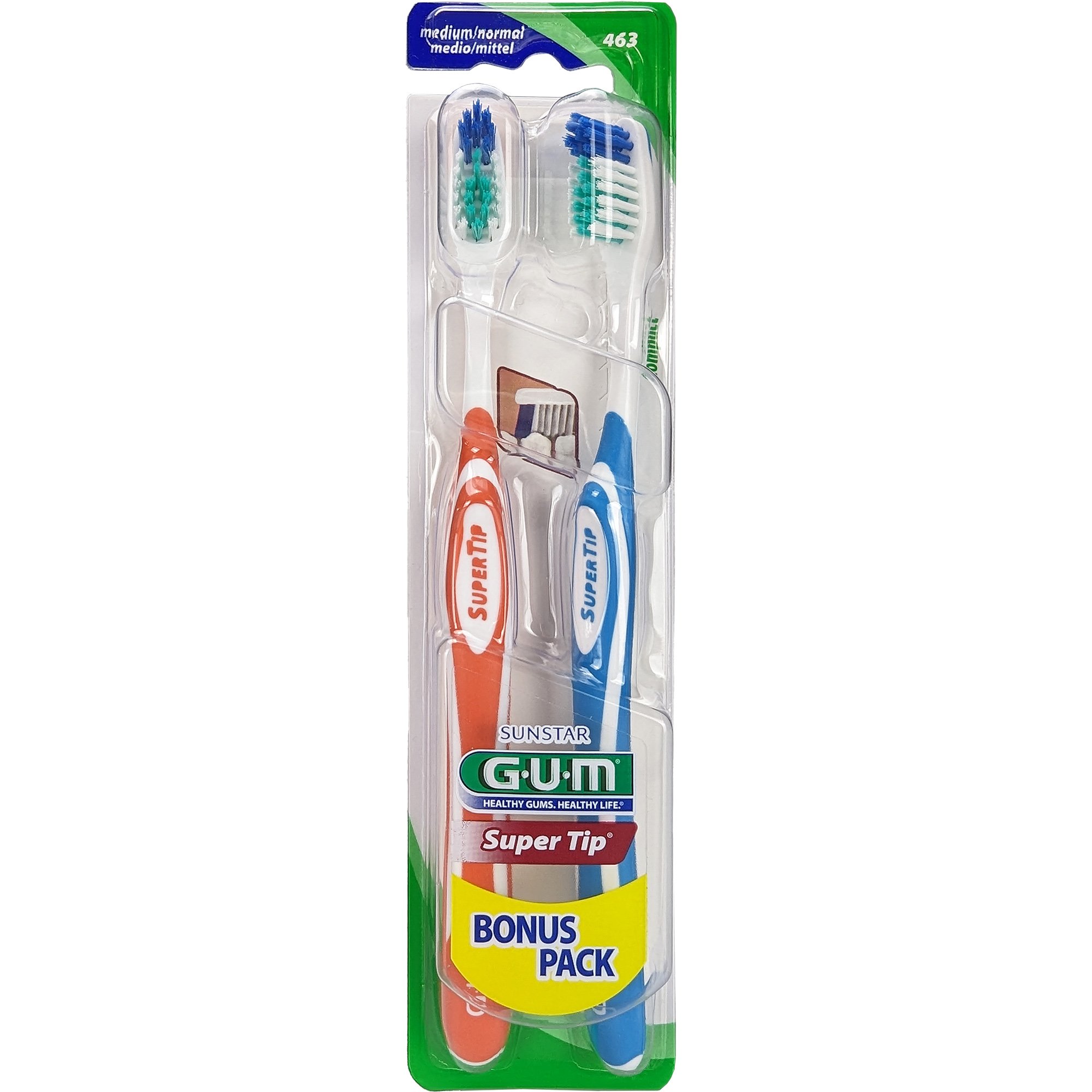 Gum Sunstar Super Tip Bonus Pack Medium / Normal Toothbrush Χειροκίνητη Οδοντόβουρτσα Μέτρια 2 Τεμάχια, Κωδ 463 – Πορτοκαλί / Γαλάζιο