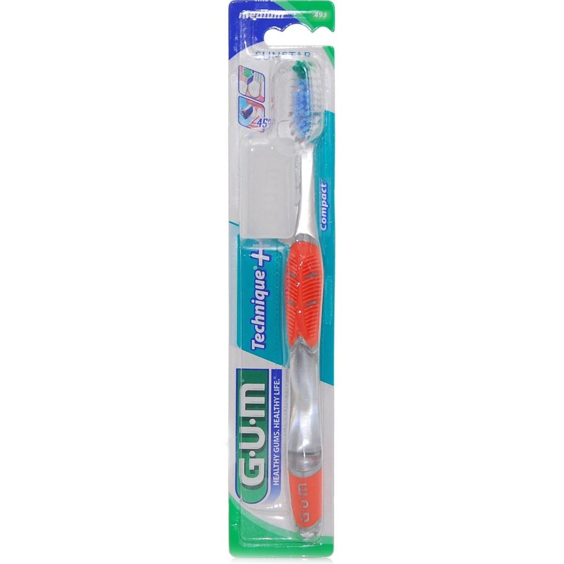 Gum Technique+ Compact Medium Toothbrush Χειροκίνητη Οδοντόβουρτσα Μέτρια με Θήκη Προστασίας 1 Τεμάχιο, Κωδ 493 – Πορτοκαλί