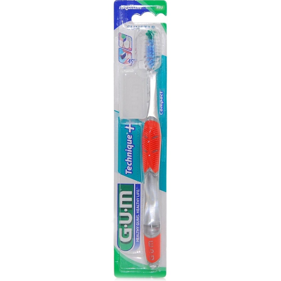 Gum Technique+ Compact Medium Toothbrush Χειροκίνητη Οδοντόβουρτσα Μέτρια με Θήκη Προστασίας 1 Τεμάχιο, Κωδ 493 – Κόκκινο