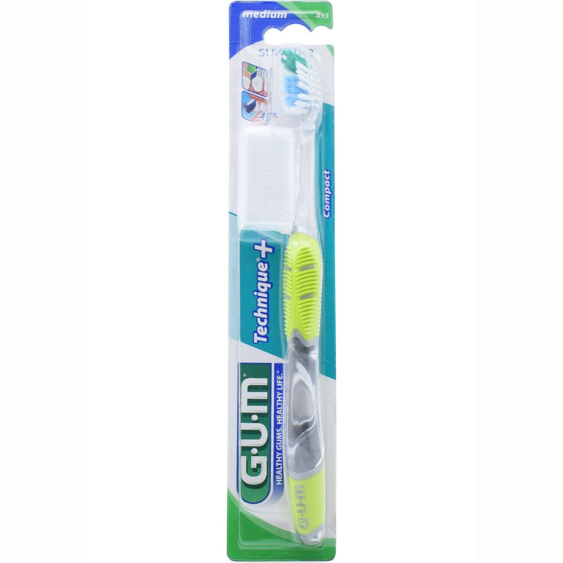 Gum Technique+ Compact Medium Toothbrush Χειροκίνητη Οδοντόβουρτσα Μέτρια με Θήκη Προστασίας 1 Τεμάχιο, Κωδ 493 – Πράσινο