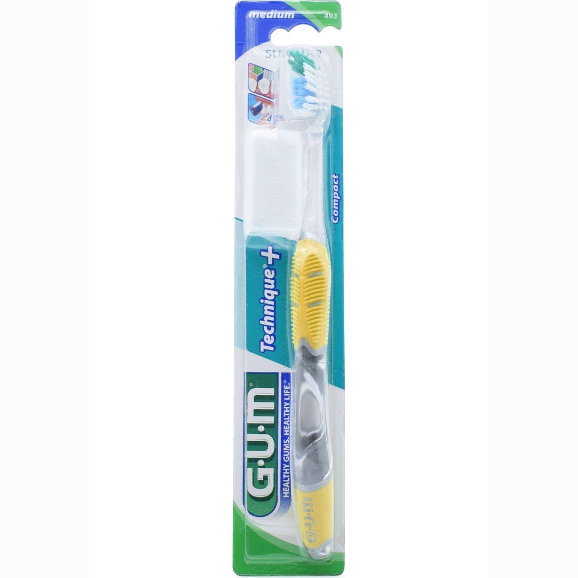 Gum Technique+ Compact Medium Toothbrush Χειροκίνητη Οδοντόβουρτσα Μέτρια με Θήκη Προστασίας 1 Τεμάχιο, Κωδ 493 – Κίτρινο