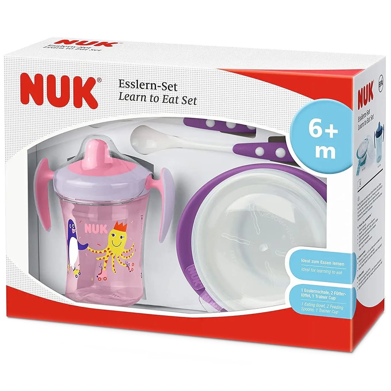 Nuk Nuk Learn to Eat Set 6m+ Ροζ - Μωβ Εκπαιδευτικό Σετ Φαγητού 1 Τεμάχιο, Κωδ 10225272