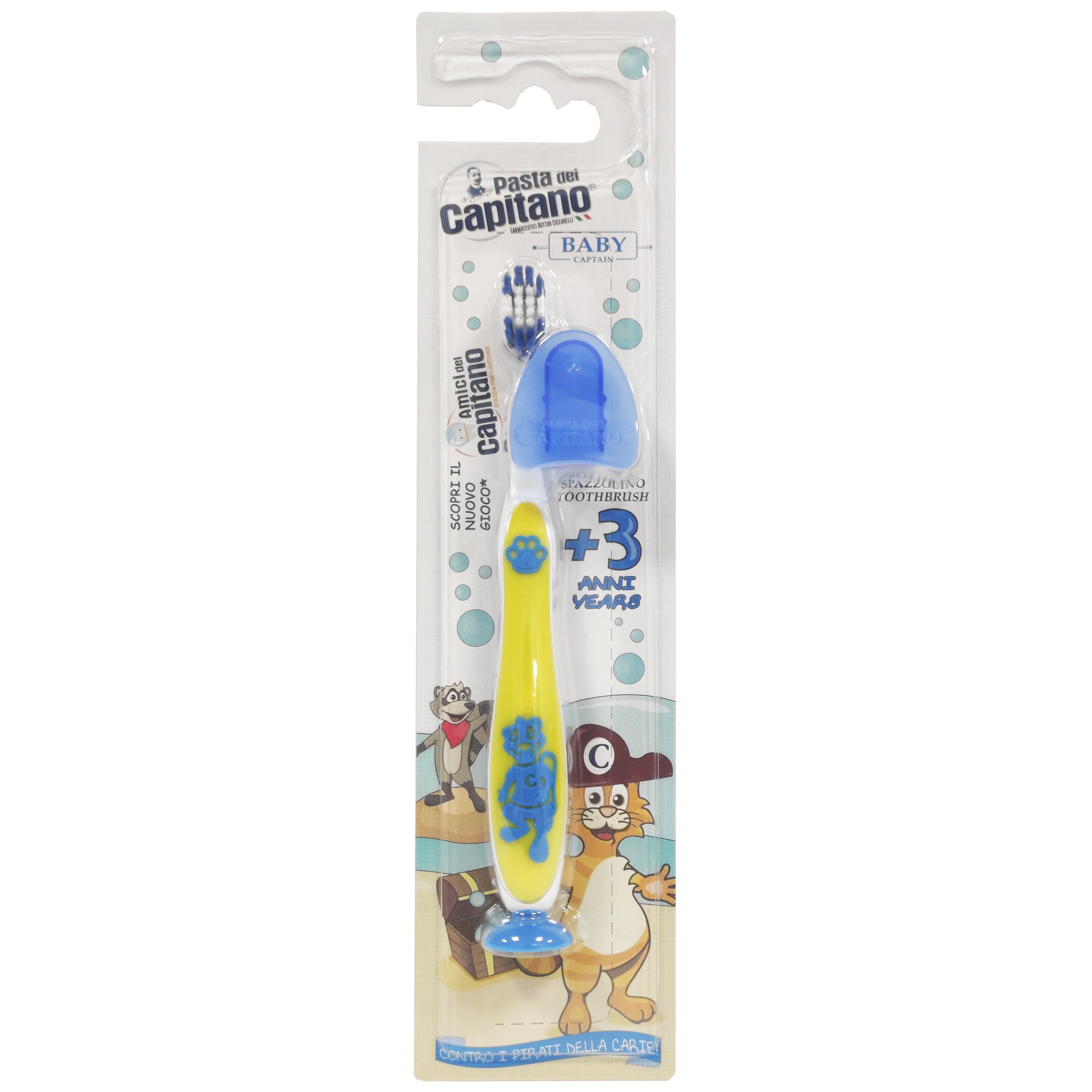 Health-Plus Pasta Del Capitano Baby Soft Toothbrush 3+ Years Παιδική Οδοντόβουρτσα με Μαλακές Ίνες, Ειδική Βάση Στήριξης & Καπάκι 1 Τεμάχιο - Κίτρινο