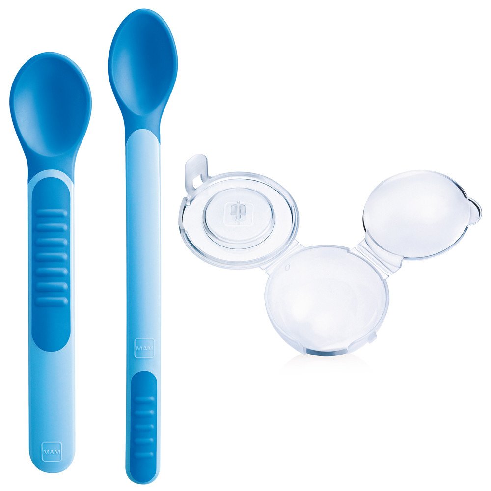 Mam Mam Heat Sensitive Spoons & Cover 6m+ Μαλακά Βρεφικά Θερμοευαίσθητα Κουταλάκια με Θήκη 2 Τεμάχια, Κωδ 513 - Γαλάζιο