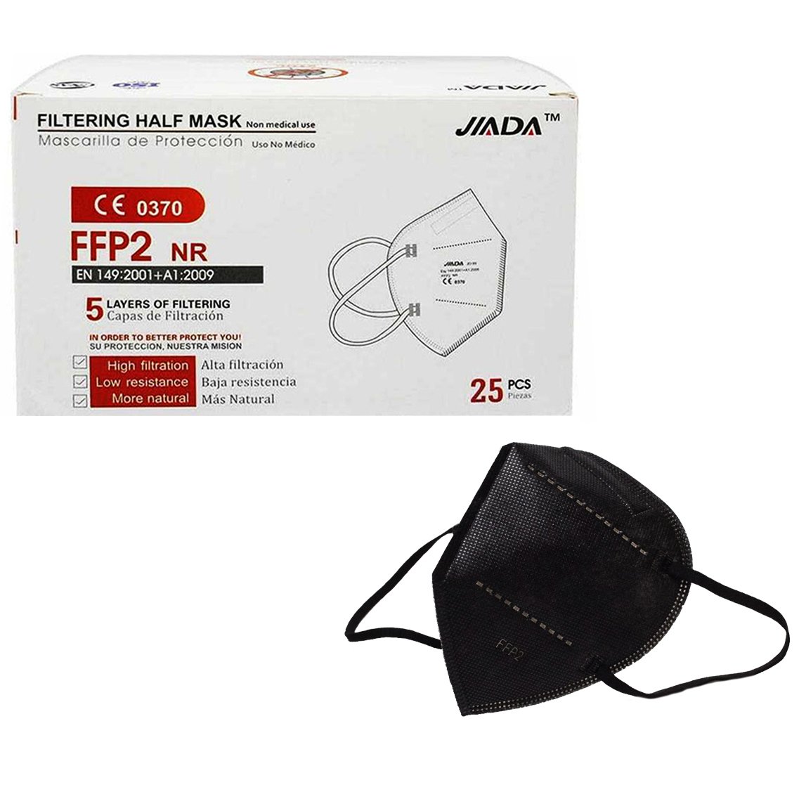 Jada Jiada Non Medical 5ply Mask FFP2 NR Μάσκα Προστασίας με Μεταλλικό Έλασμα μιας Χρήσης σε Μαύρο Χρώμα 25 Τεμάχια