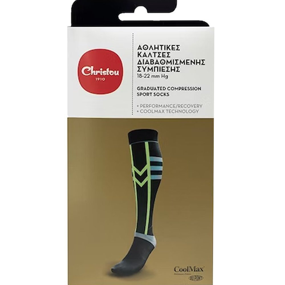 Christou 1910 Christou Graduated Compression Sport Socks CH-016 18-22mm Hg Black Αθλητικές Κάλτσες Διαβαθμισμένης Συμπίεσης σε Μαύρο Χρώμα 1 Ζευγάρι Medium 39.5-42.5