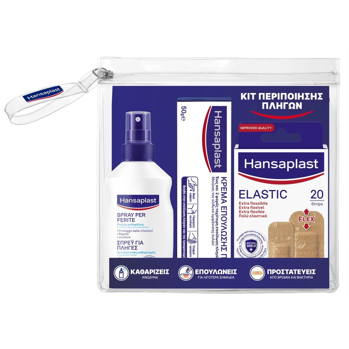 Hansaplast Hansaplast Promo Kit Περιποίησης Πληγών με Σπρέι για Πληγές 100ml, Επιθέματα Elastic 20strips & Κρέμα Επούλωσης Πληγών 50gr