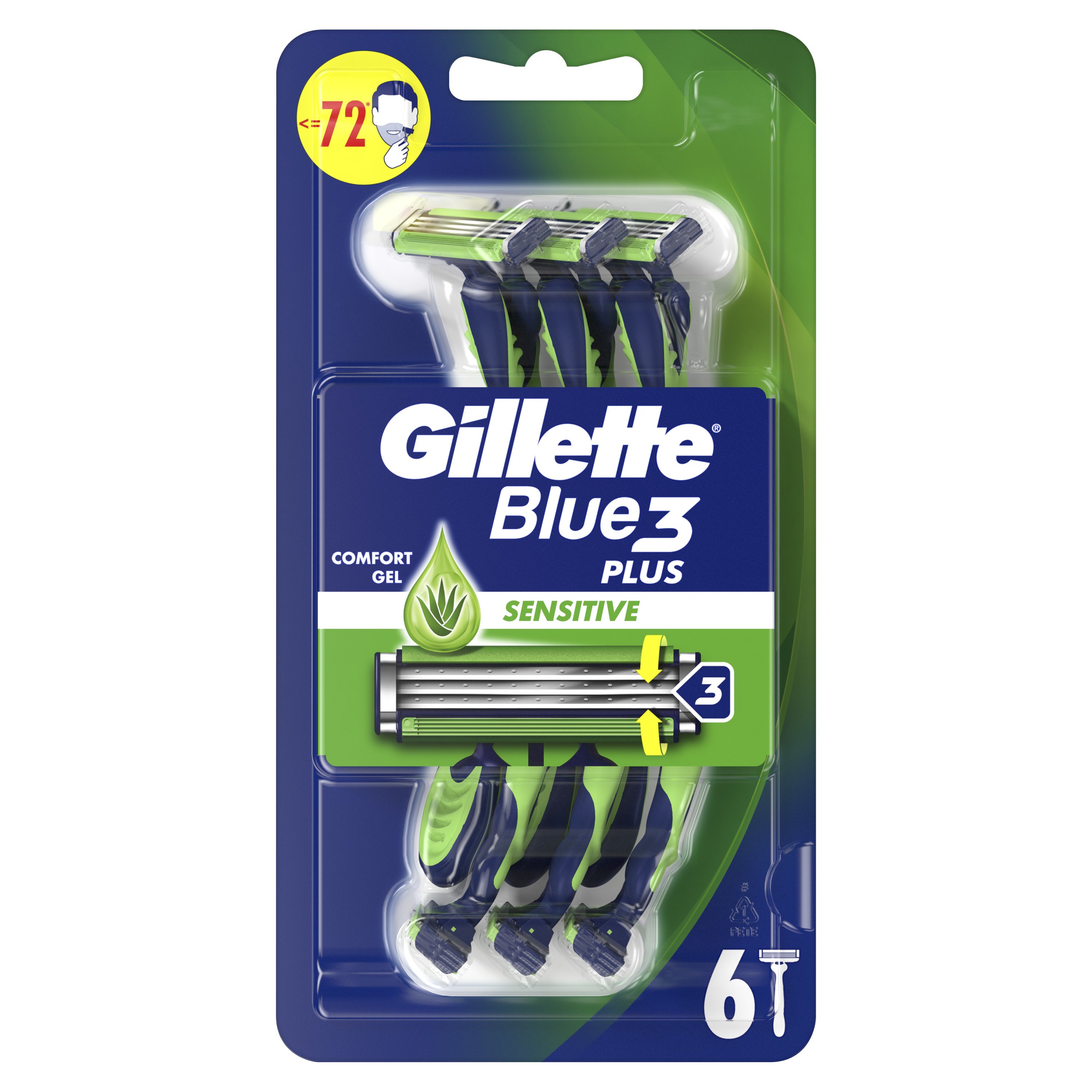 Gillette Gillette Blue3 Plus Sensitive Disposable Razors Ανδρικά Ξυραφάκια με 3 Λεπίδες για Βαθύ & Απαλό Ξύρισμα, Κατάλληλο για Ευαίσθητες Επιδερμίδες 6 Τεμάχια