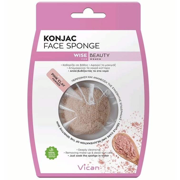 Vican Vican Konjac Face Sponge Wise Beauty με Σκόνη Ροζ Αργίλου για Καθαρισμό του Δέρματος σε Βάθος 1 Τεμάχιο